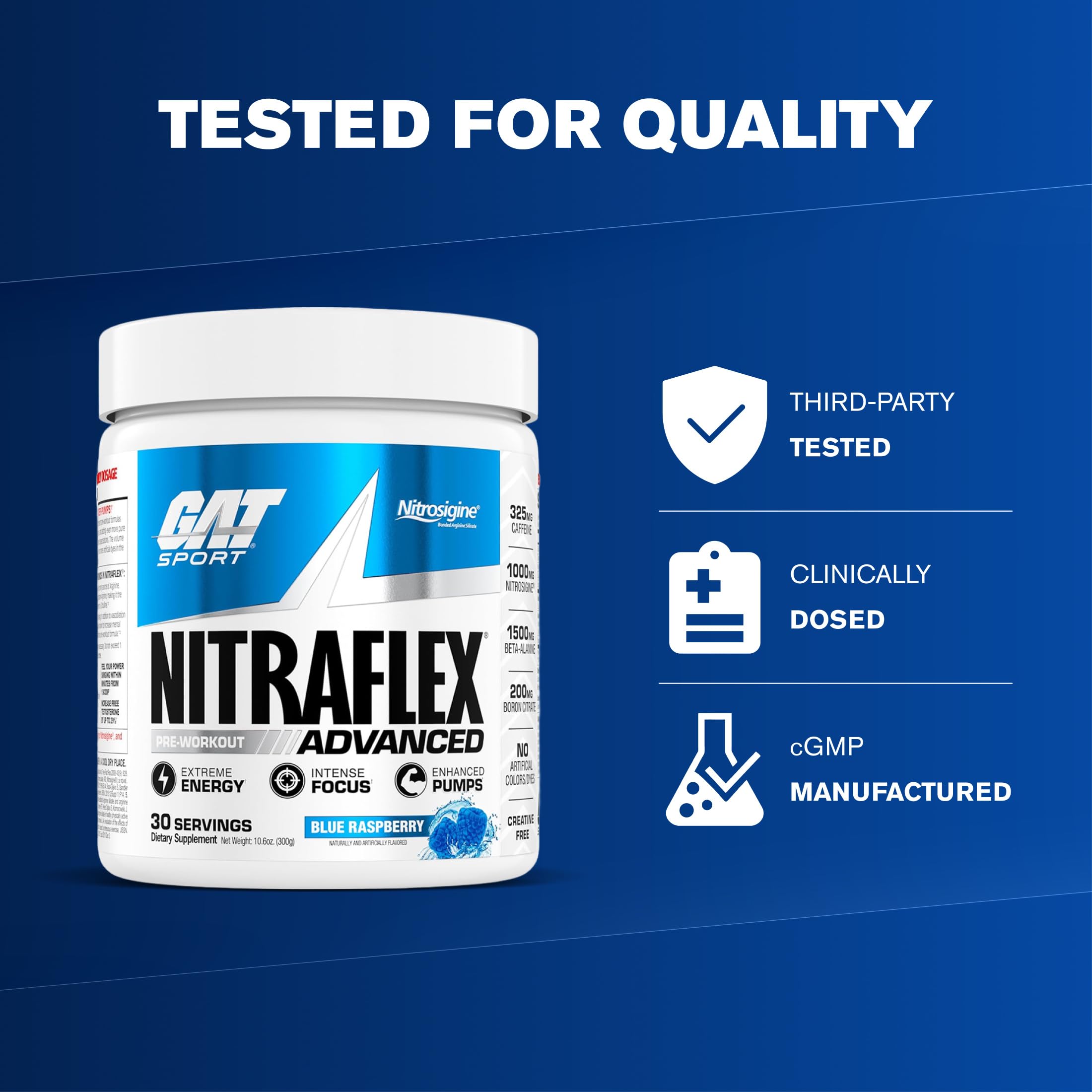 GAT SPORT vaso con NITRAFLEX mezclado listo para beber antes del entrenamiento