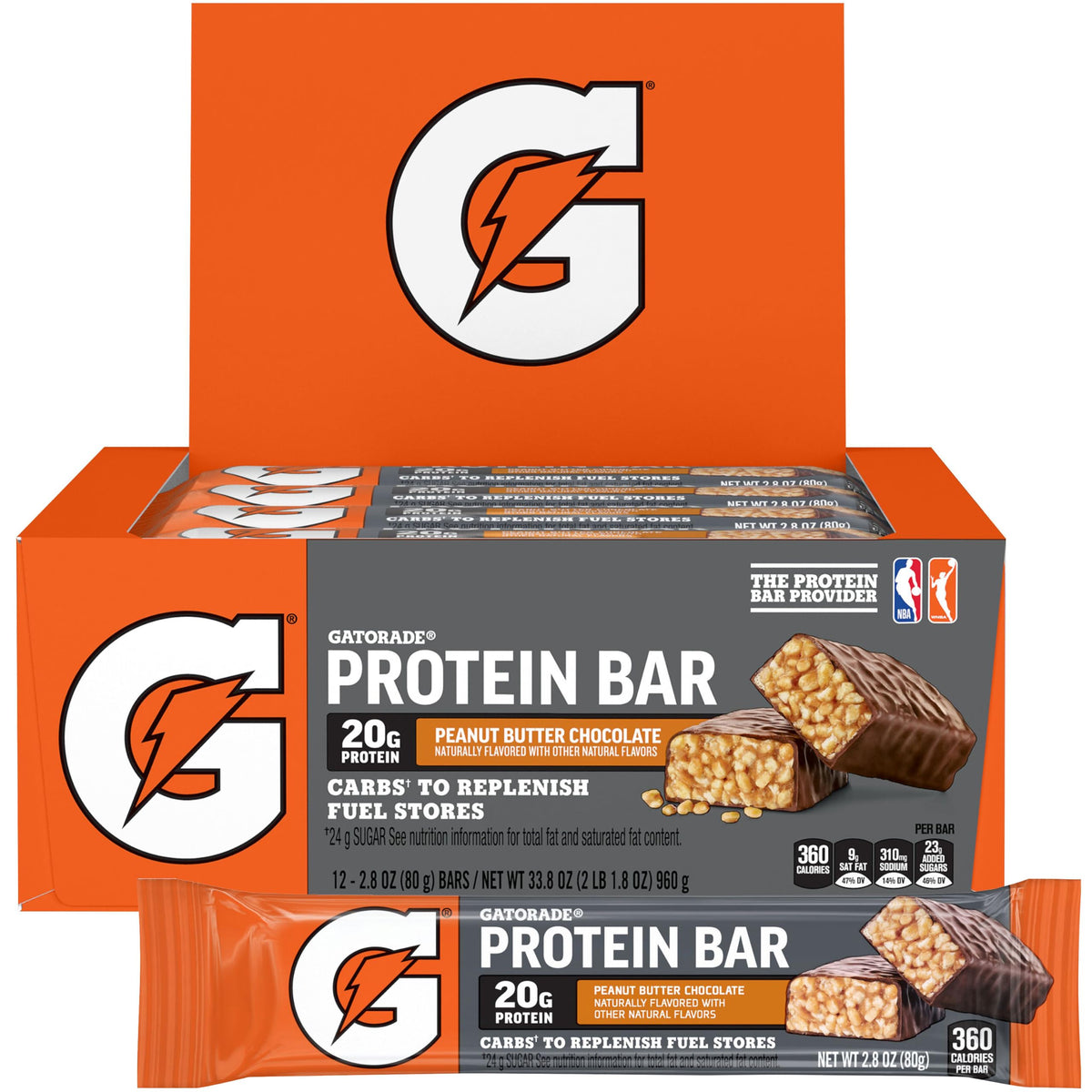 Gatorade empaque frontal de la barra recuperadora sabor Peanut Butter Chocolate mostrando beneficios