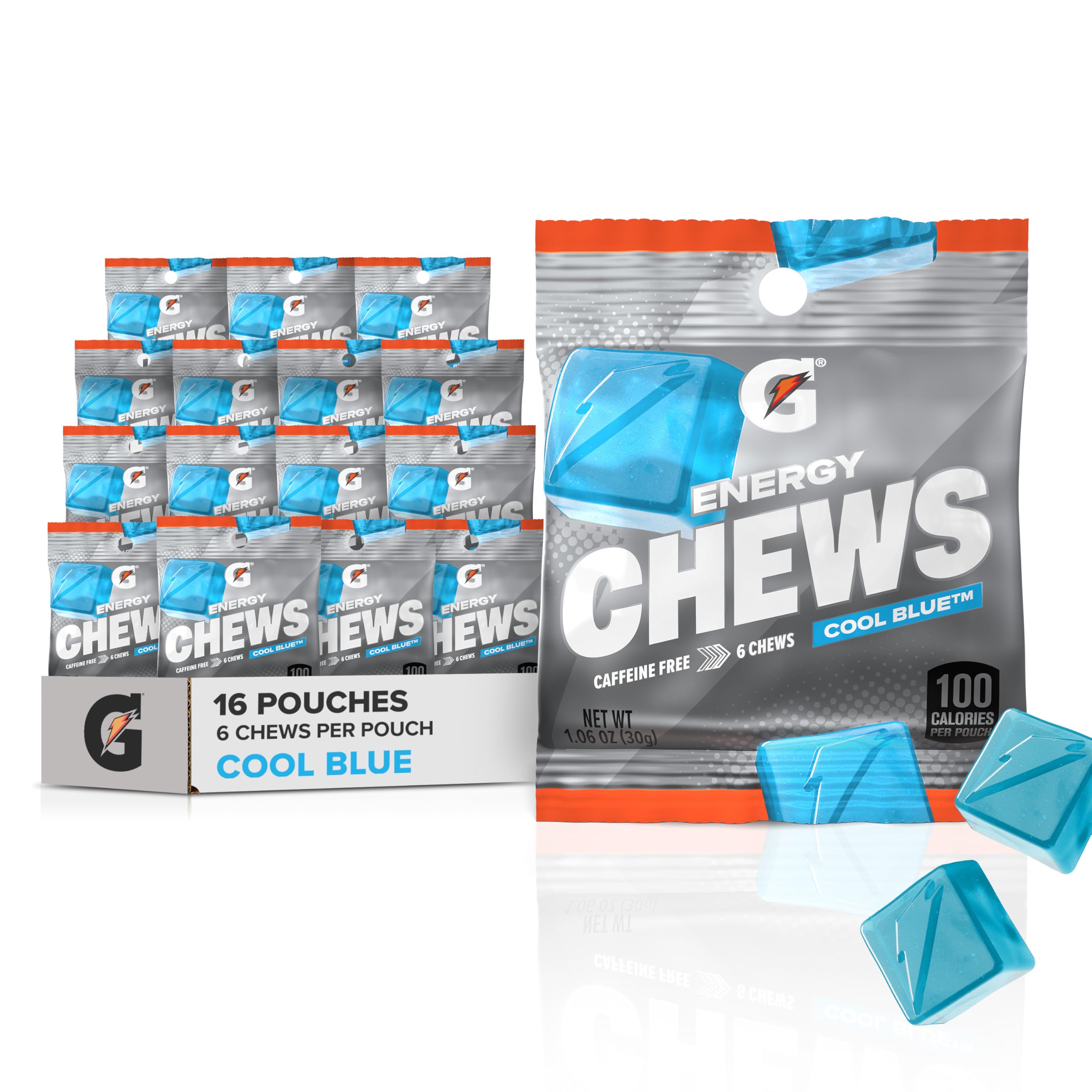 Gatorade Energy Chews vista frontal del paquete mostrando 16 sobres y practicidad
