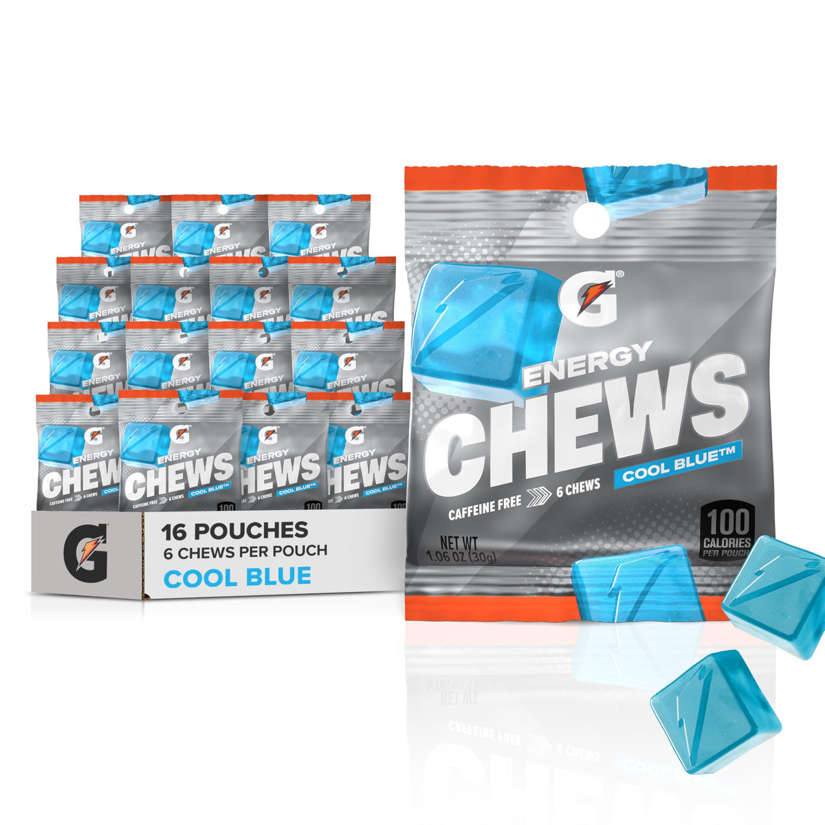 Gatorade Energy Chews vista frontal del paquete mostrando 16 sobres y practicidad