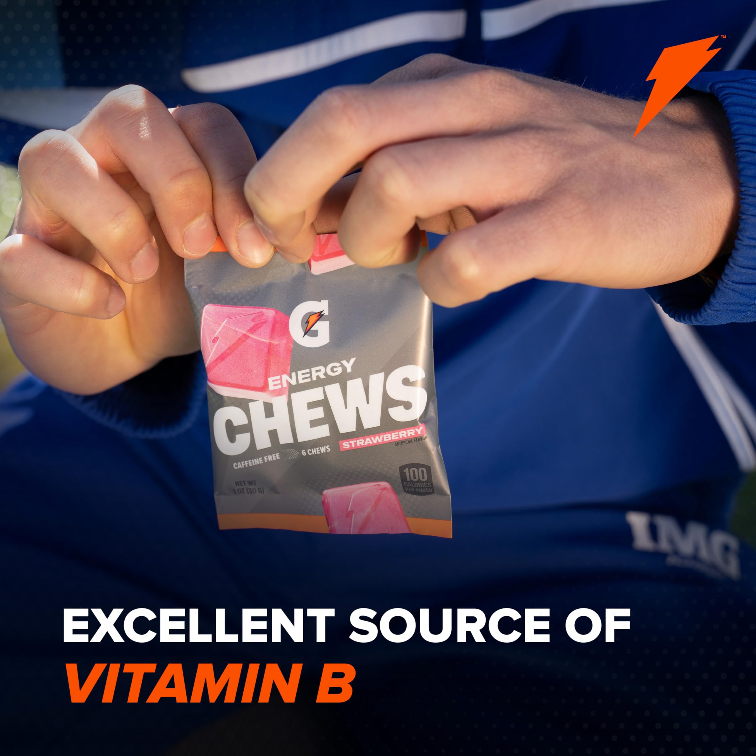 Gatorade Energy Chews comparación de tamaño de un sobre en la palma de la mano
