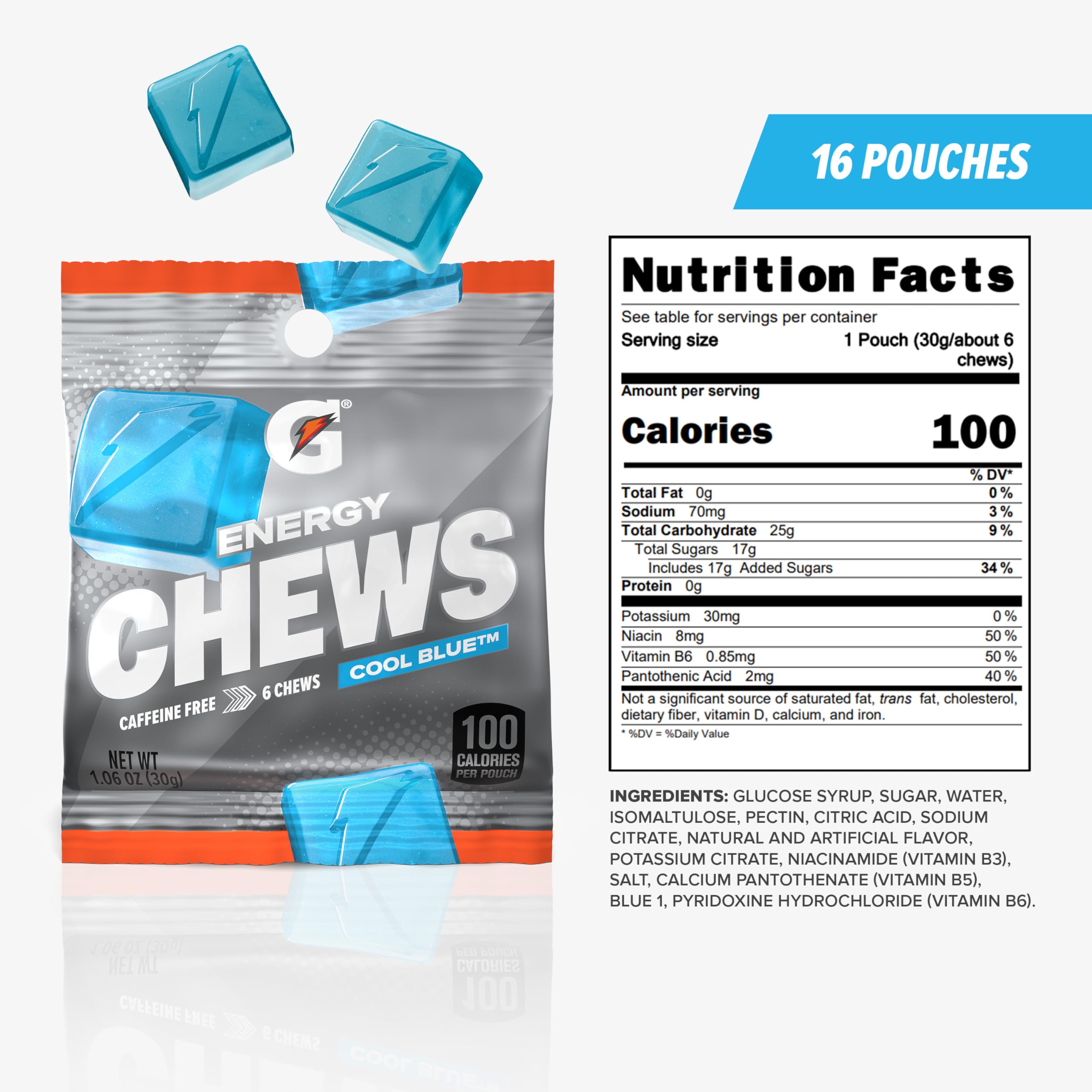 Gatorade Energy Chews sobre abierto con gomitas visibles y textura masticable