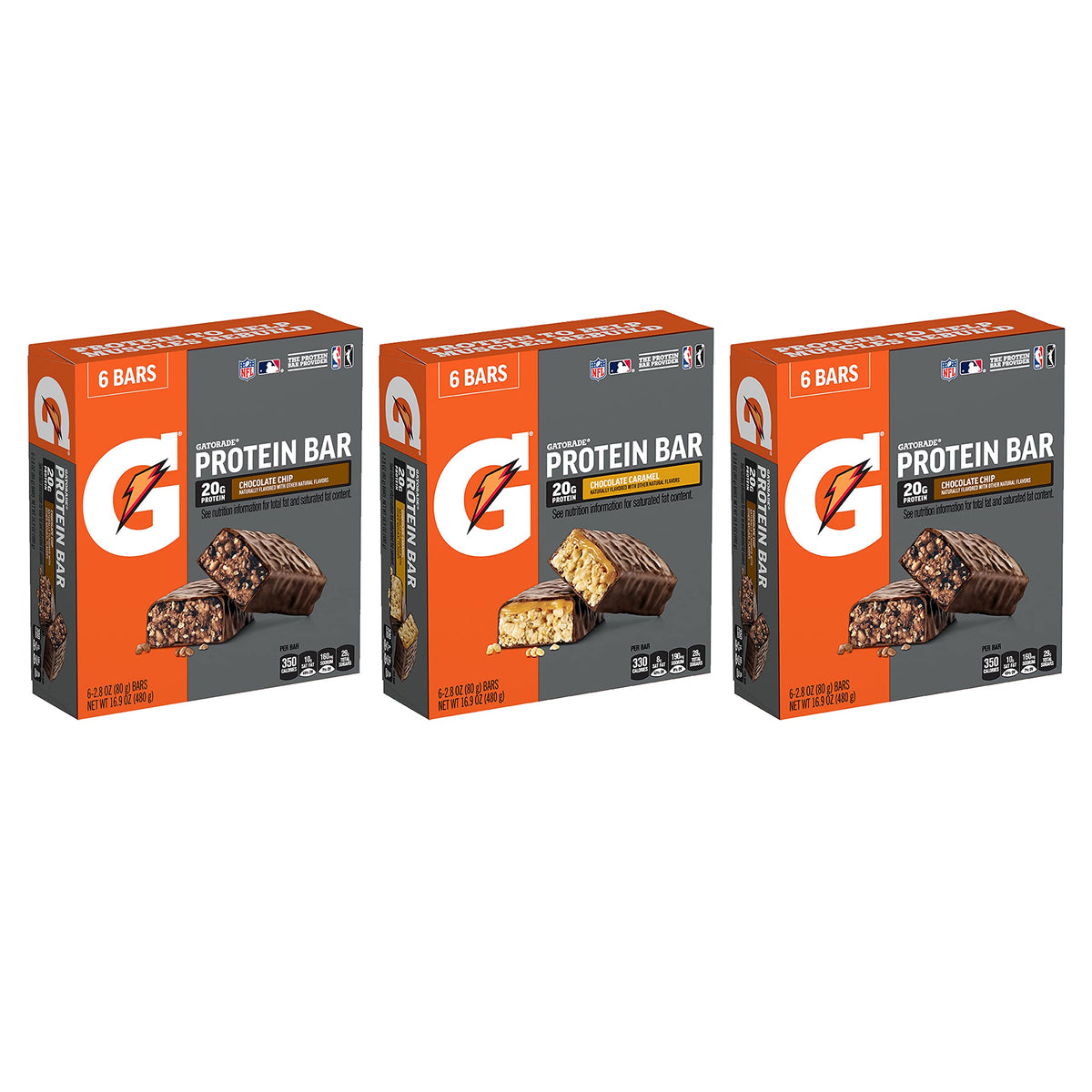 Gatorade paquete frontal mostrando 18 barras para recuperación rápida