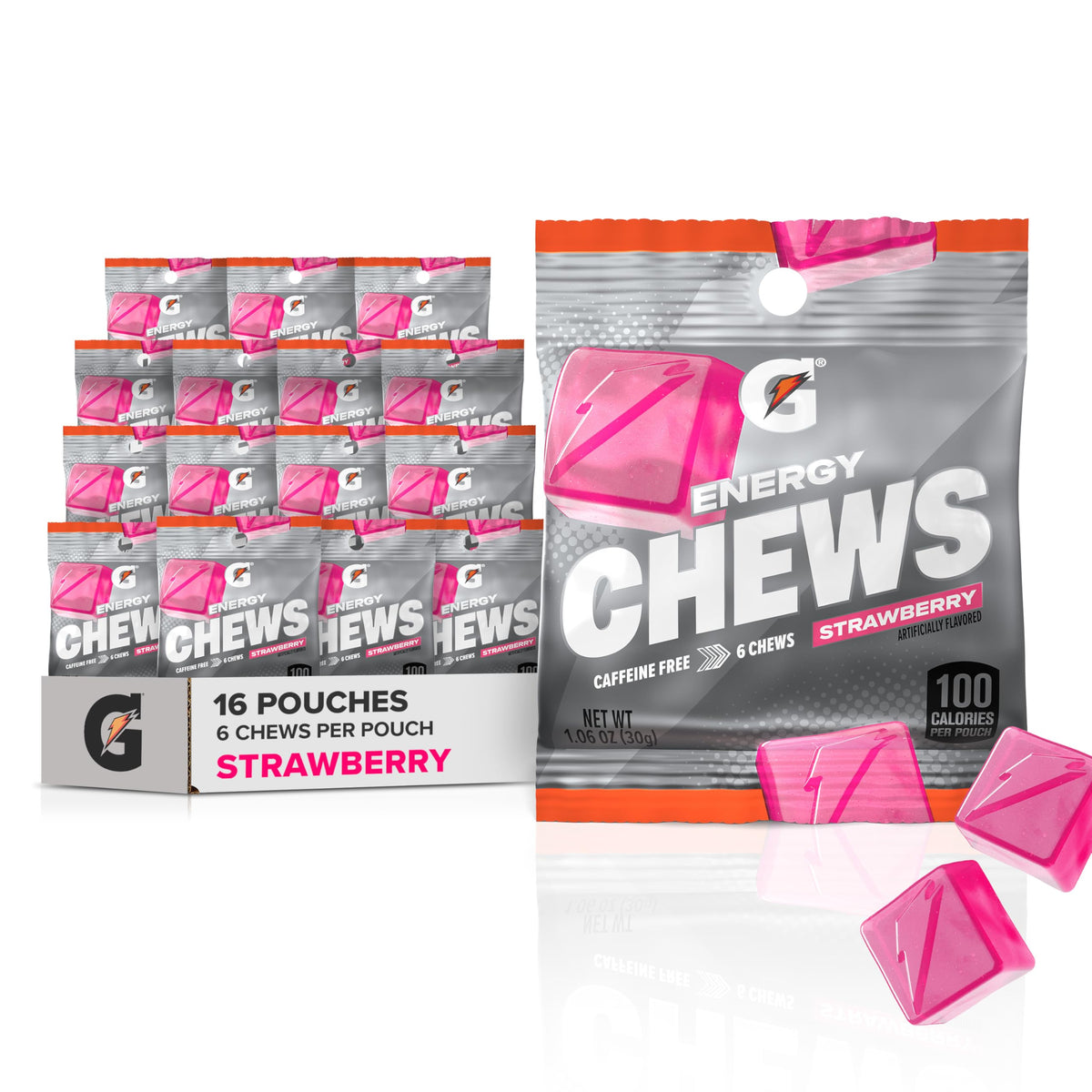 Gatorade Energy Chews fresa vista frontal del empaque mostrando 16 pouches y conveniencia