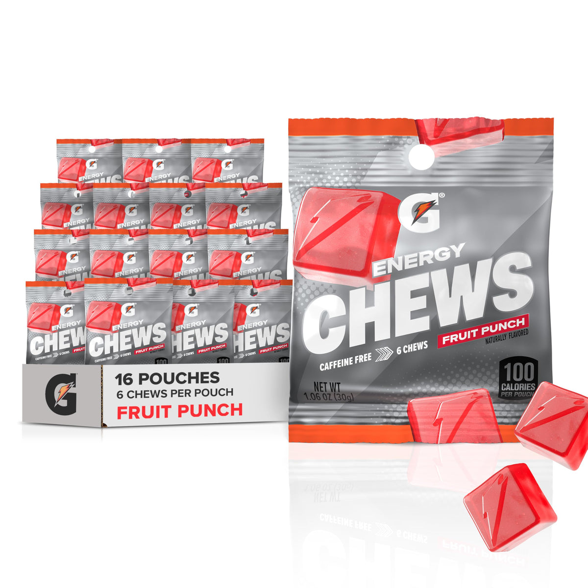 Gatorade empaque frontal Fruit Punch mostrando pouches y conveniencia