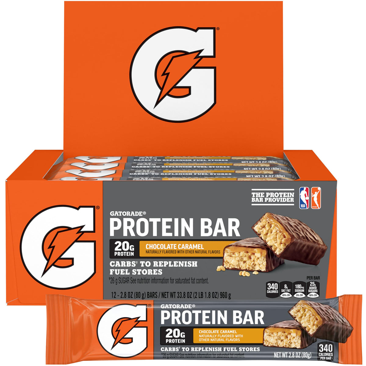 Gatorade empaque frontal Chocolate Caramel mostrando el pack de 12 y conveniencia