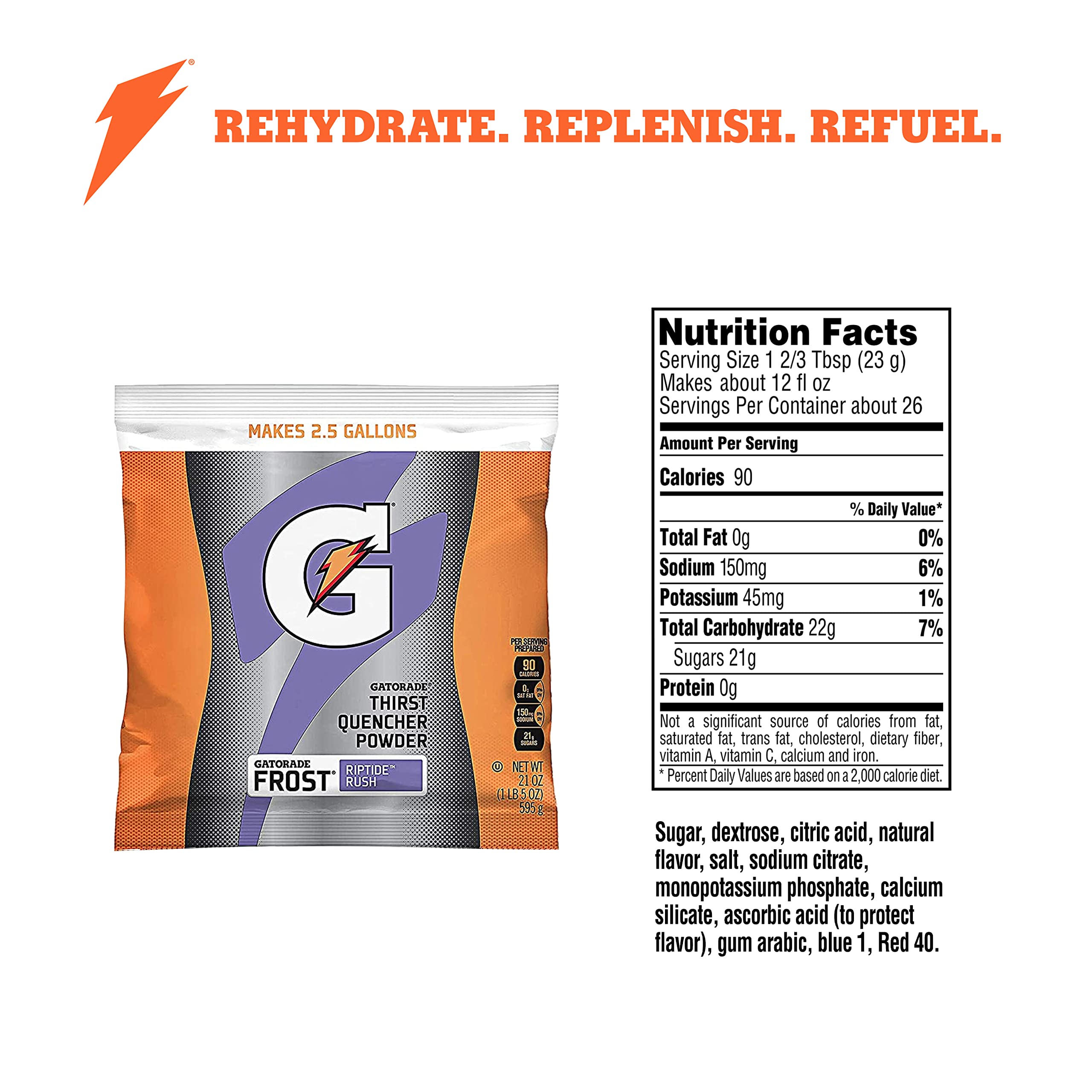 Detalle del polvo Gatorade Riptide Rush para mezclar, fácil disolución y sabor consistente