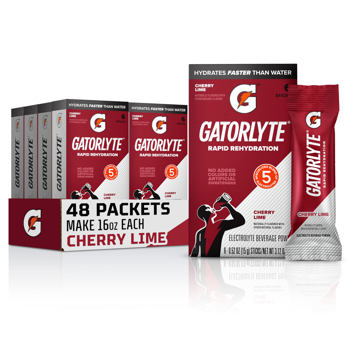 Gatorlyte frente del empaque mostrando 48 sobres y diseño claro
