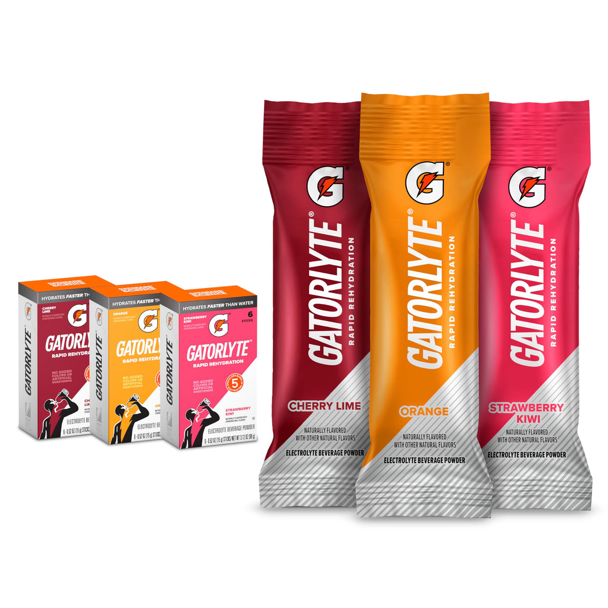 Gatorlyte empaque frontal mostrando 18 sobres y beneficios de rehidratación