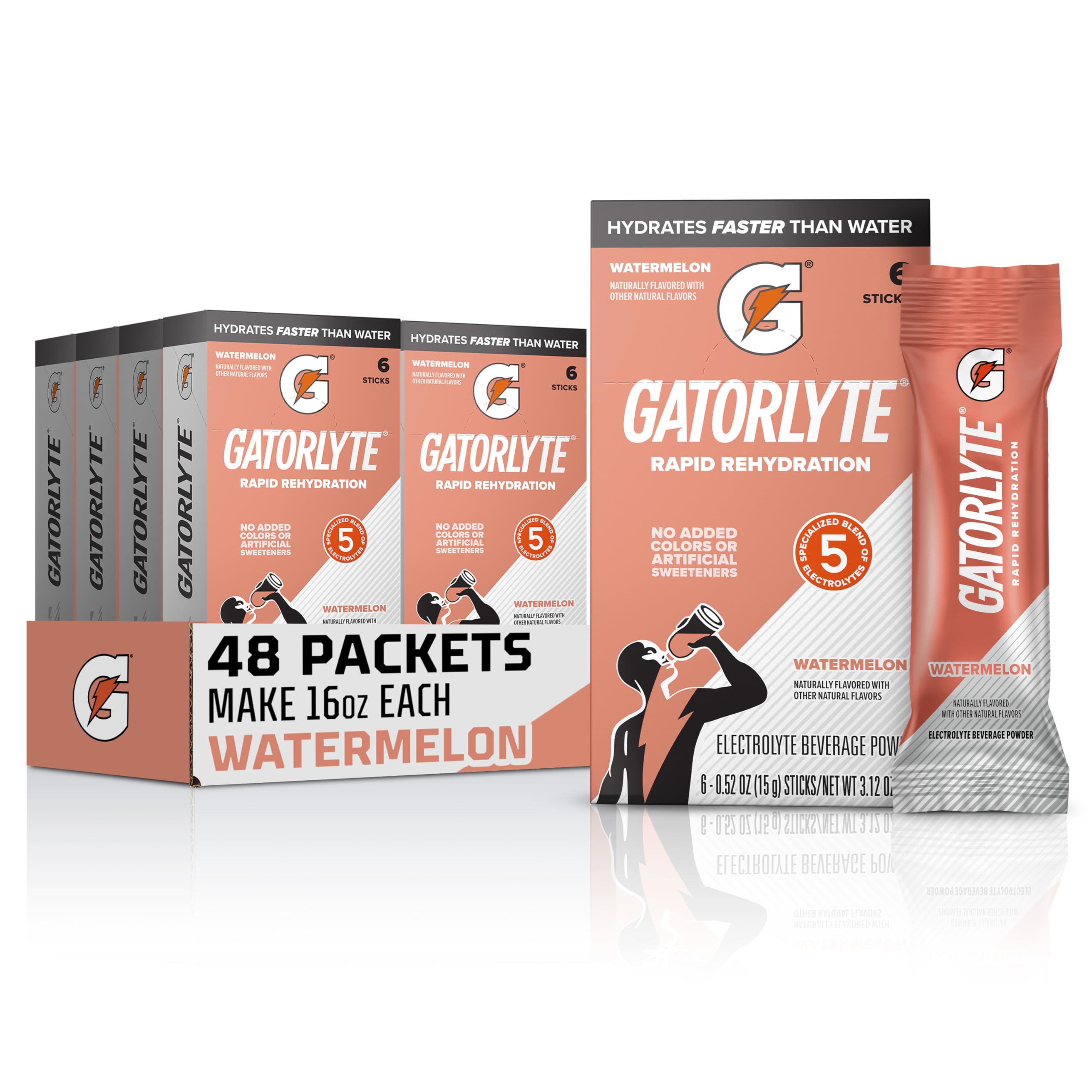 Gatorlyte empaque frontal mostrando 48 sobres y beneficios de rehidratación
