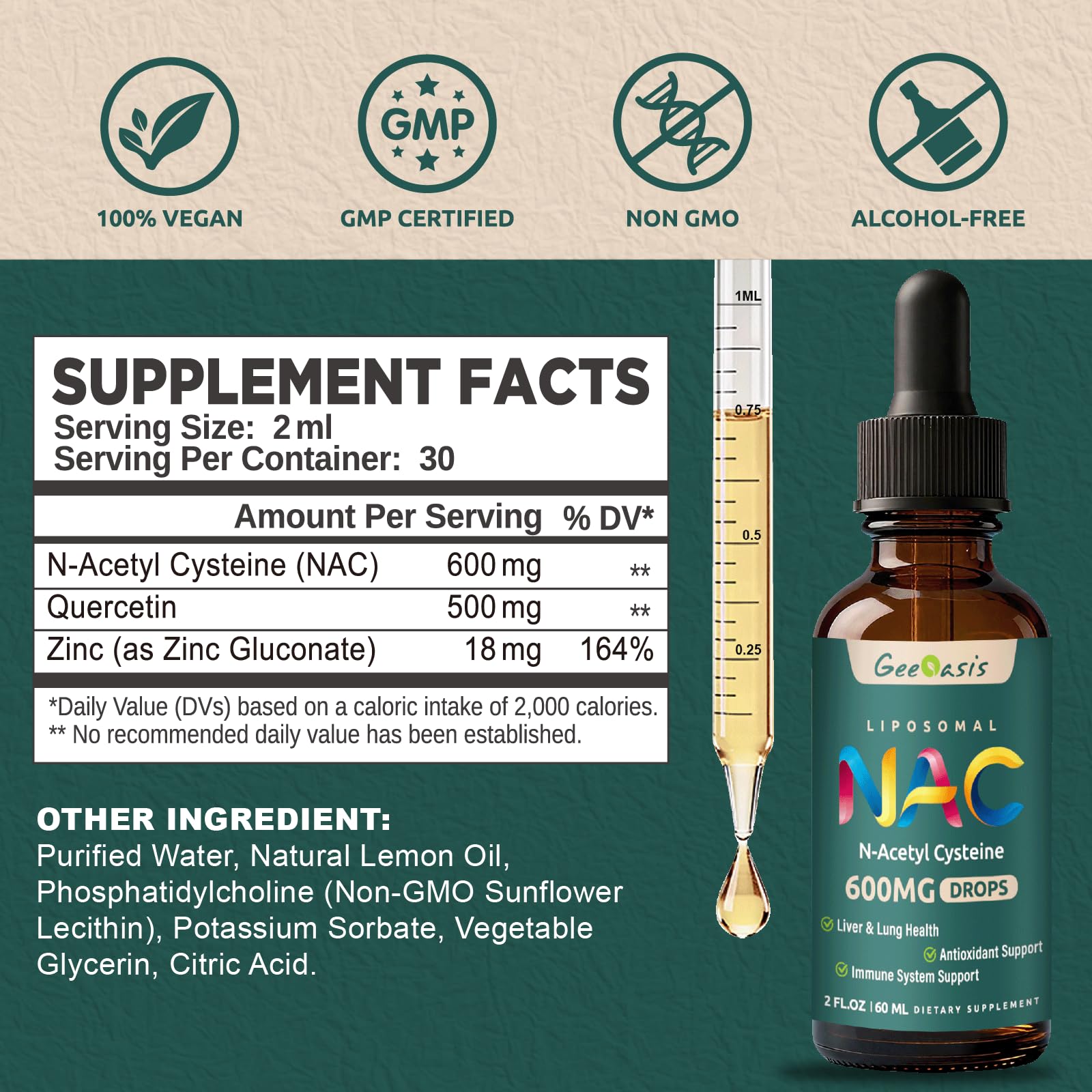 Geeoasis detalle del gotero y textura del líquido liposomal, fácil de medir y verter