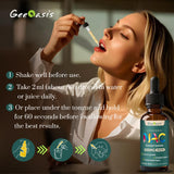Geeoasis etiqueta de ingredientes destacando NAC 600 mg, quercetina y zinc, información clara