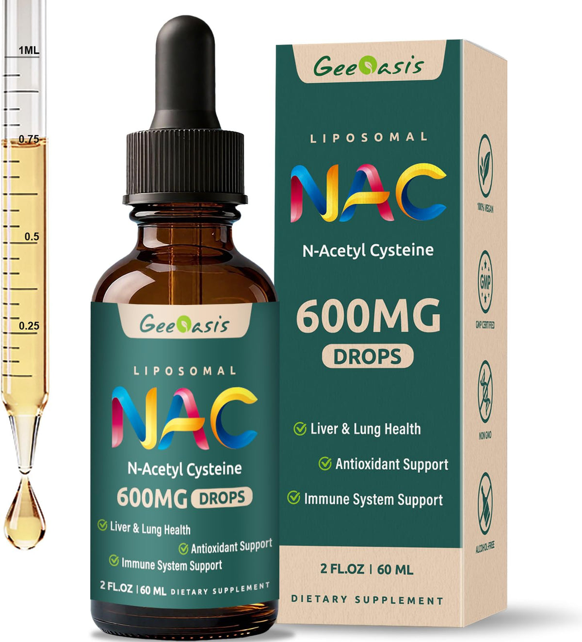 Geeoasis frente del envase mostrando botella y etiqueta clara, conveniente para dosificar