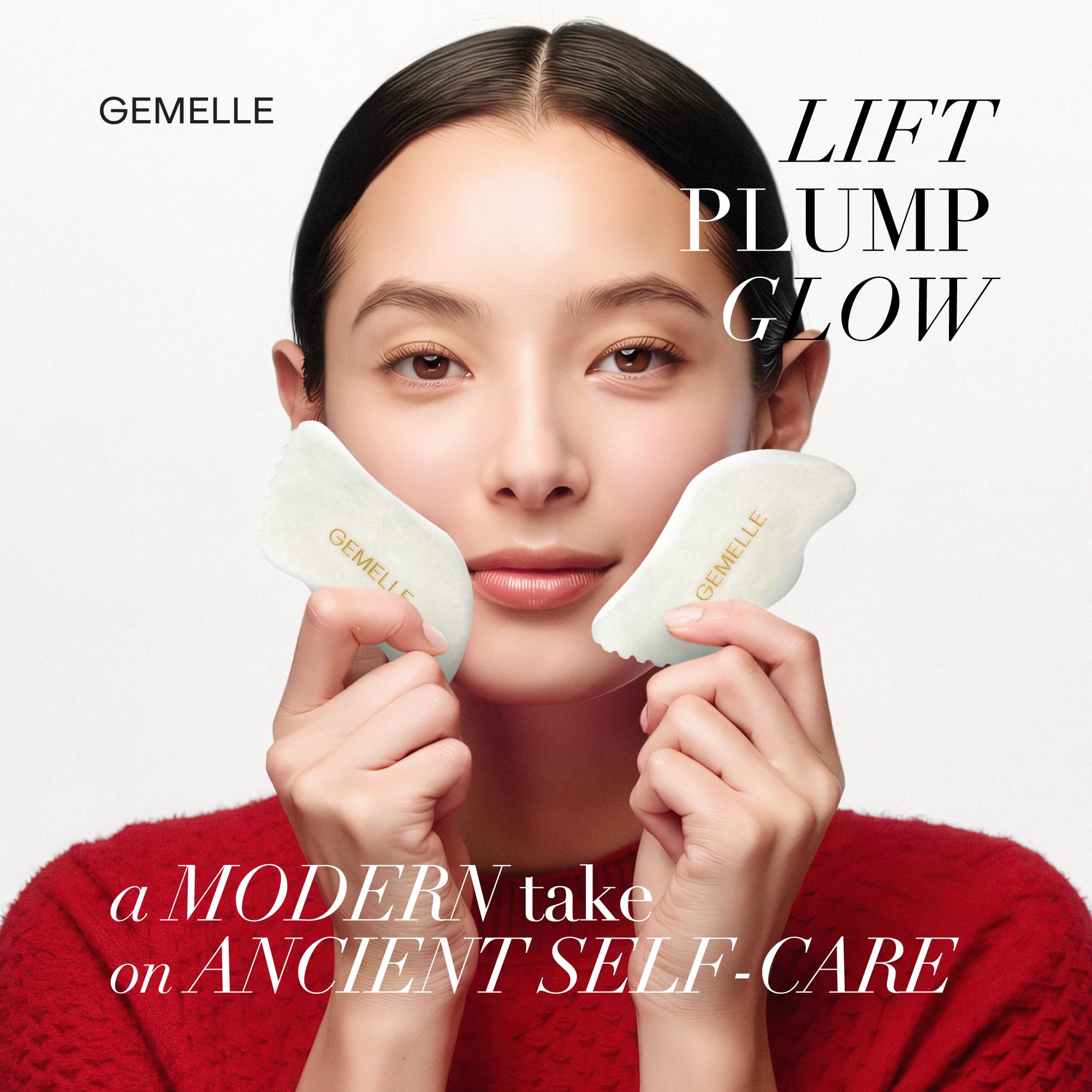 GEMELLE gua sha junto a frasco de aceite para mejor deslizamiento y nutrición