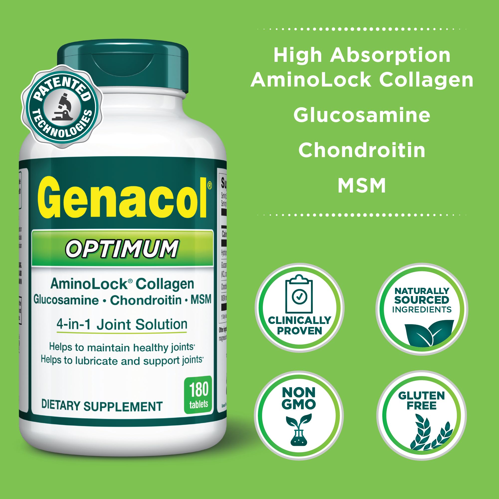 Genacol Optimum tabletas apiladas mostrando tamaño y fácil dosificación