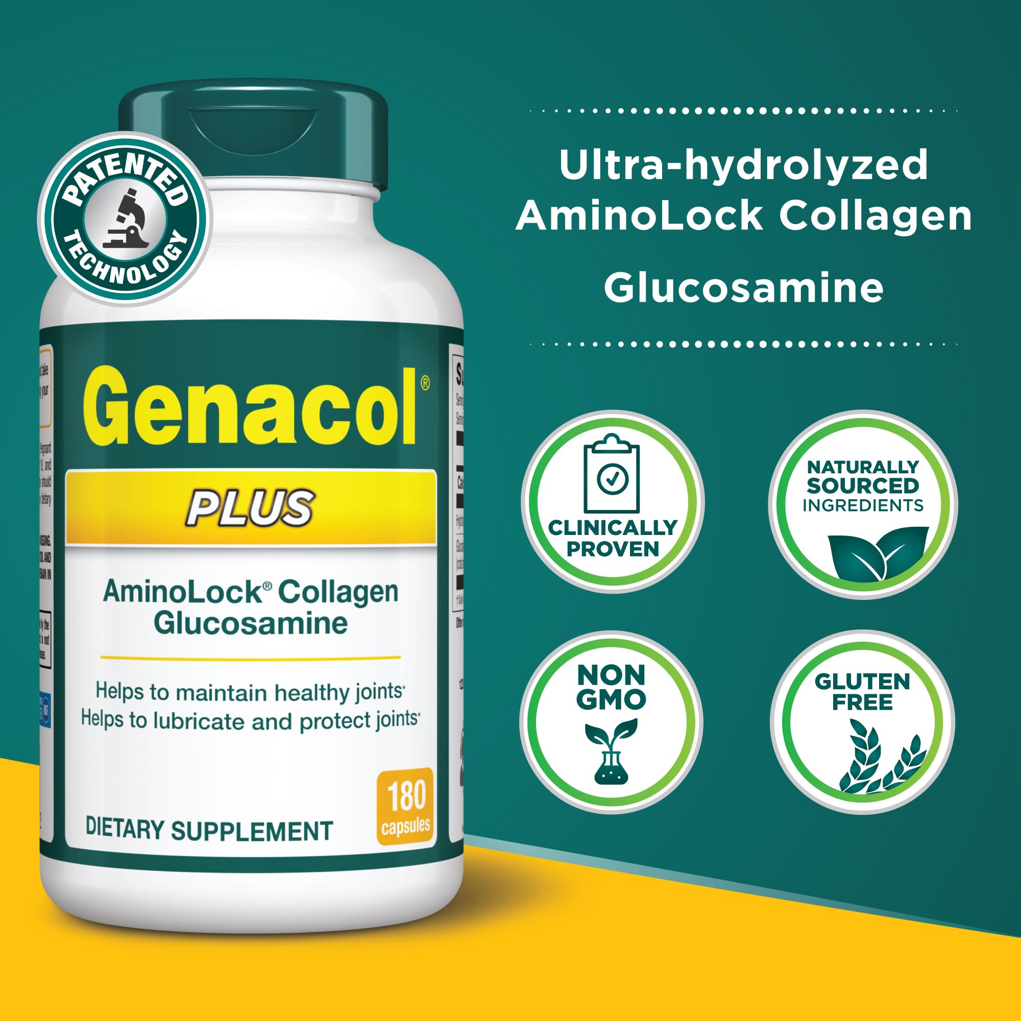 Detalle de cápsulas Genacol Plus mostrando textura y potencia del colágeno AminoLock