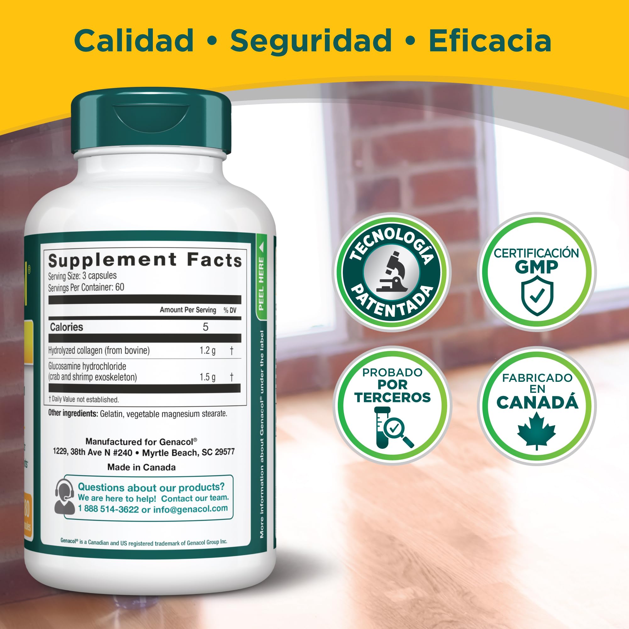 Envase Genacol Plus sobre mesa con complementos saludables, integración en bienestar