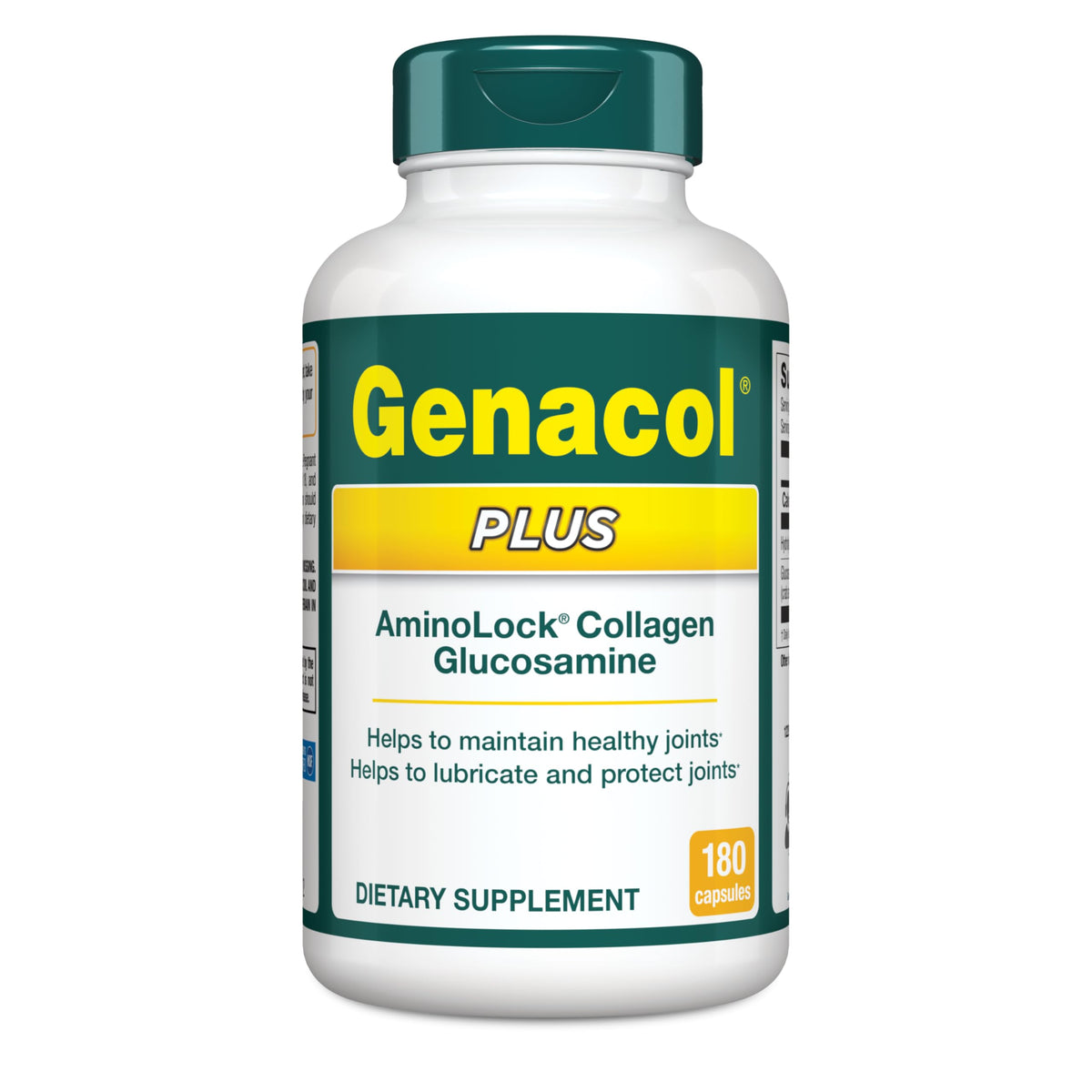 Genacol Plus envase frontal mostrando dosis y suministro de 60 días, confianza diaria