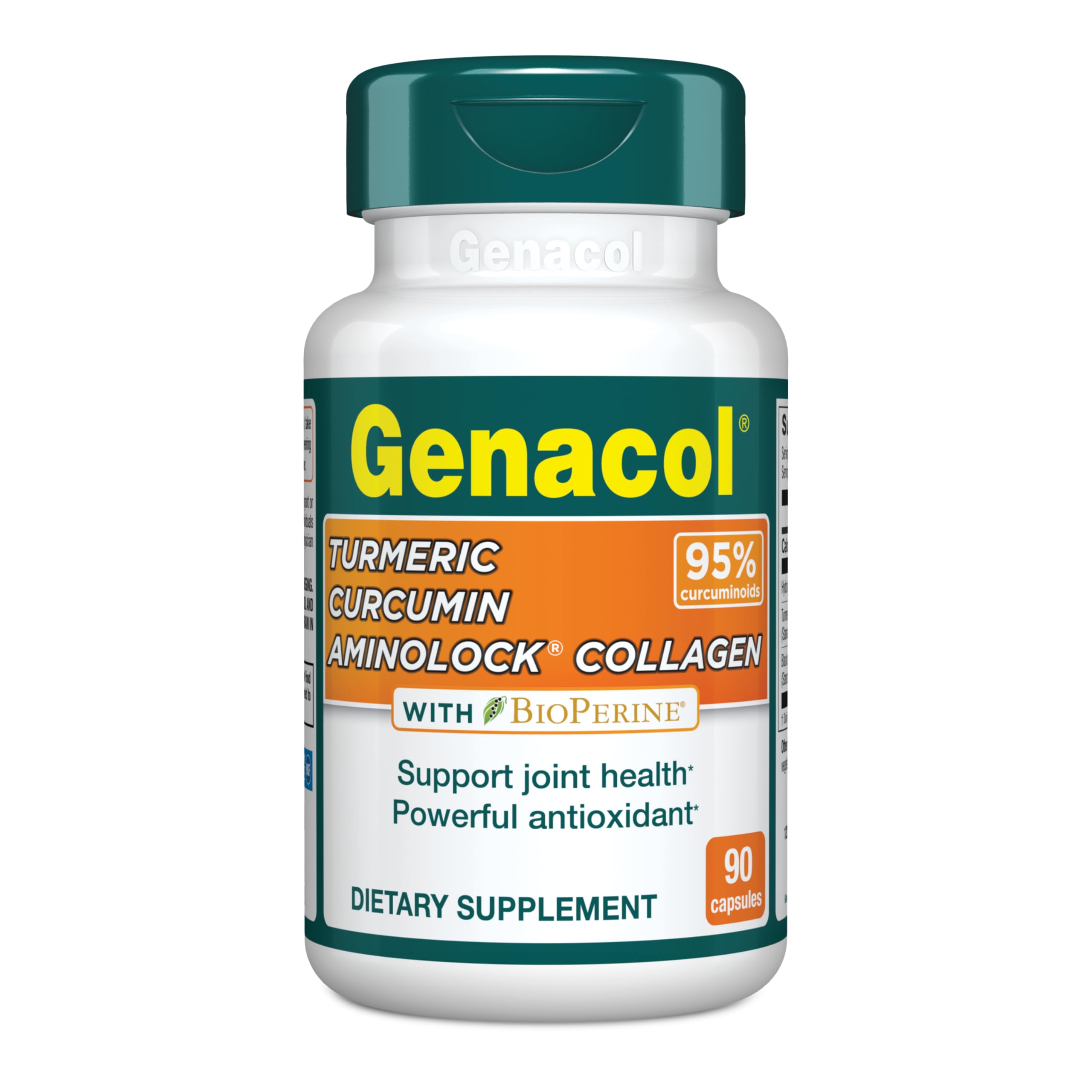 Genacol Turmeric Curcumin frontal, envase claro que transmite confianza