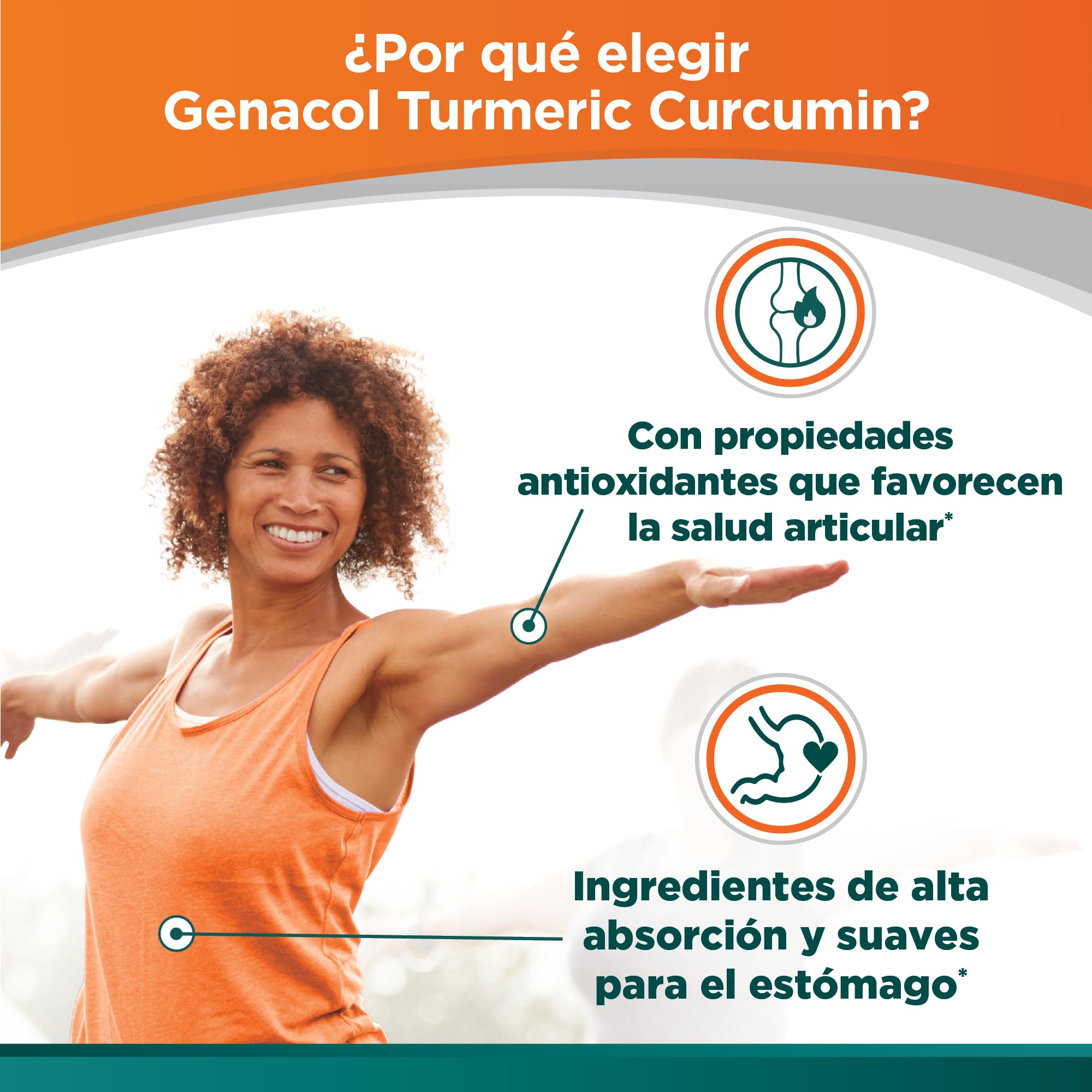 Composición visual de Genacol con cúrcuma, piperina y colágeno AminoLock