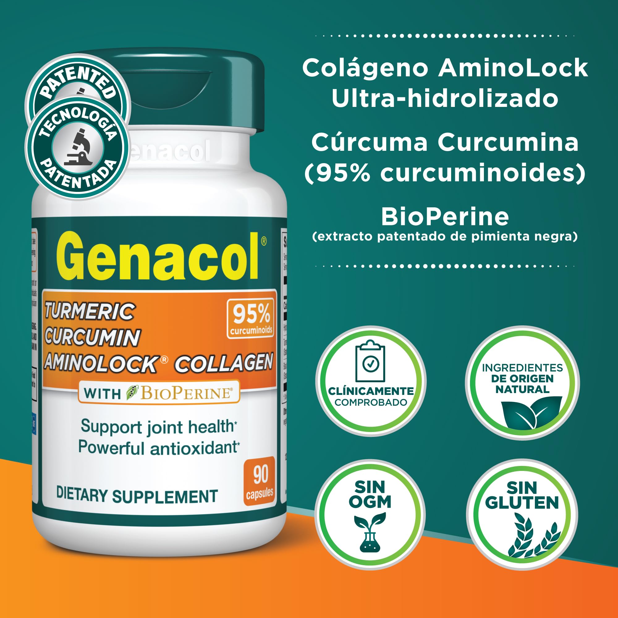 Primer plano de la tableta Genacol Turmeric Curcumin resaltando textura y dosis
