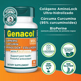 Primer plano de la tableta Genacol Turmeric Curcumin resaltando textura y dosis