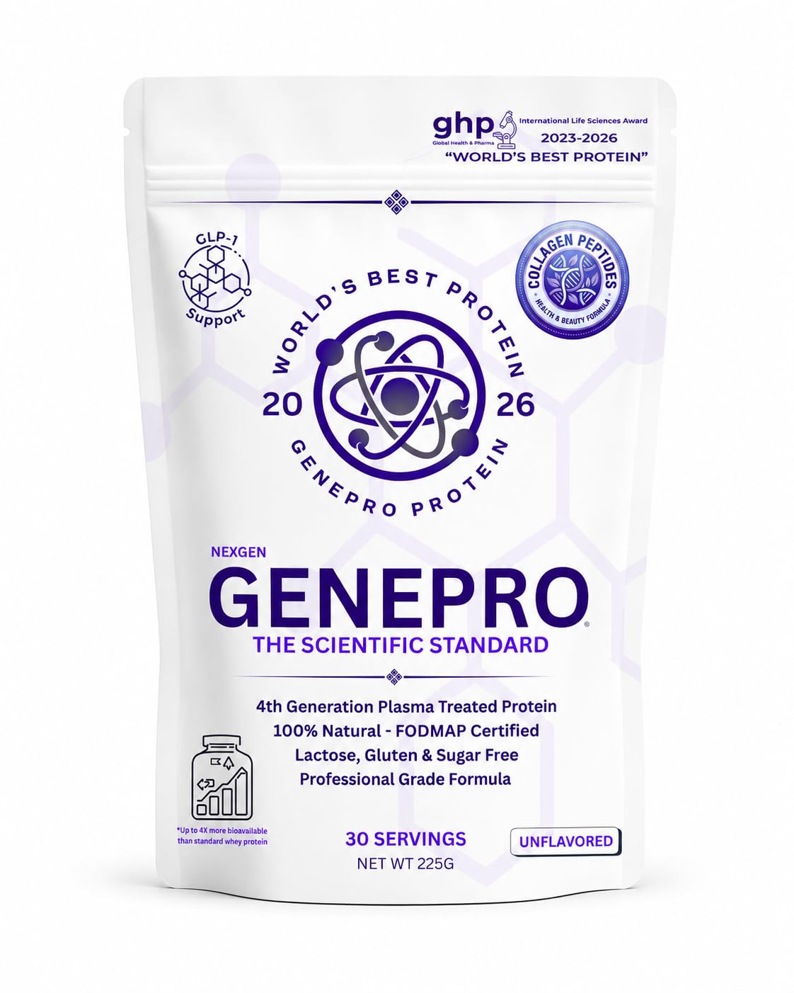 GENEPRO GEN. 3 frente del envase mostrando 30 porciones y etiqueta clara