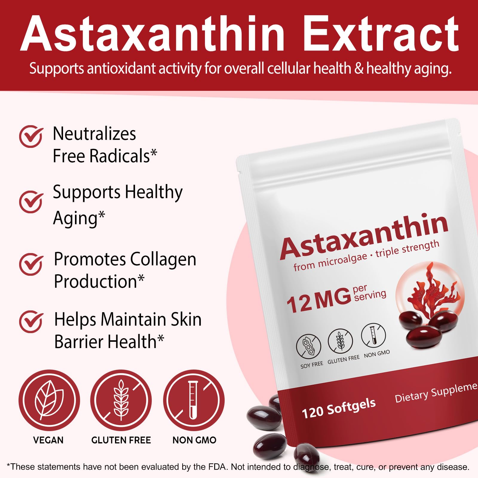 Generic cápsula astaxanthin detalle visual y textura fácil de tragar