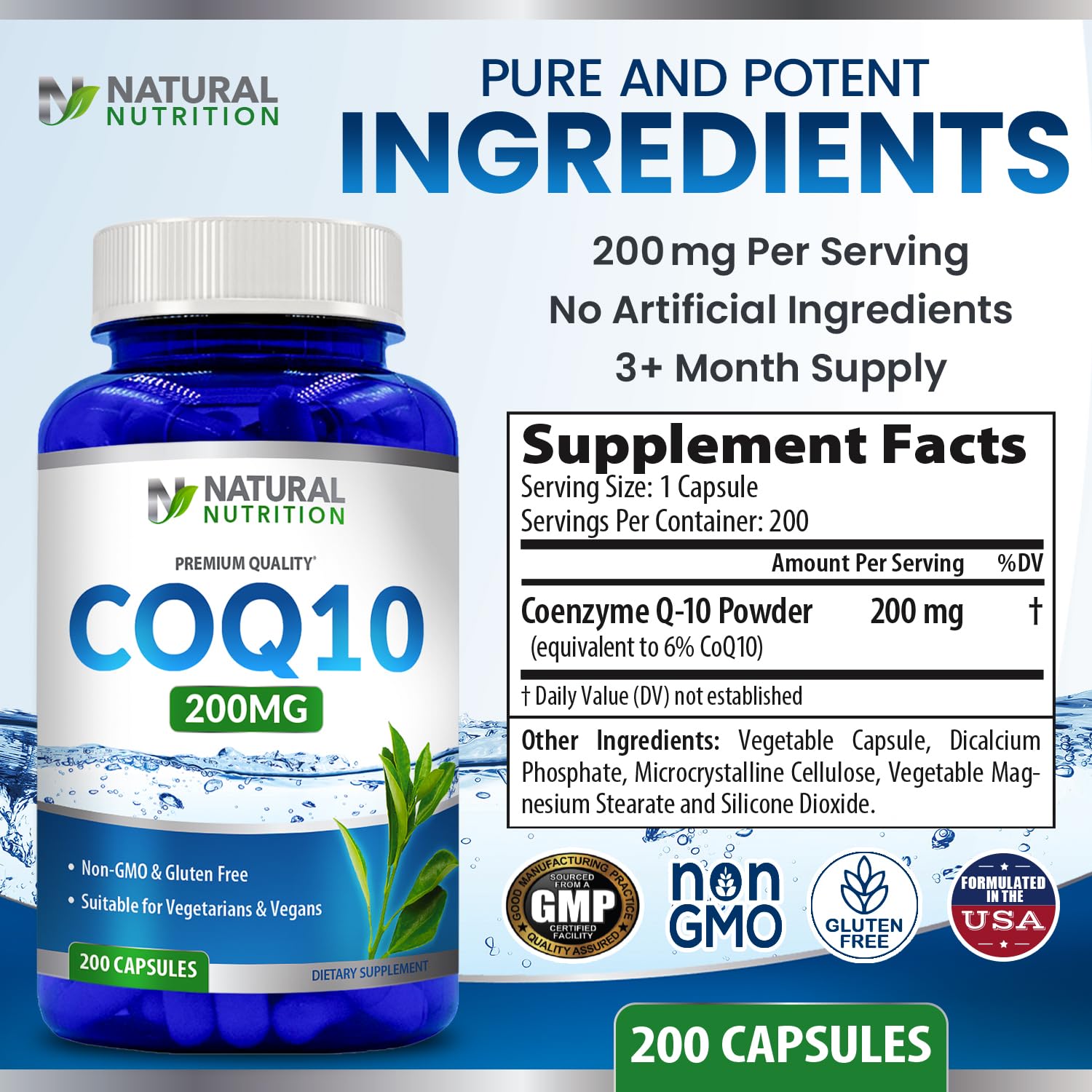 Generic Coq10 etiqueta nutricional enfocada en 200 mg por cápsula