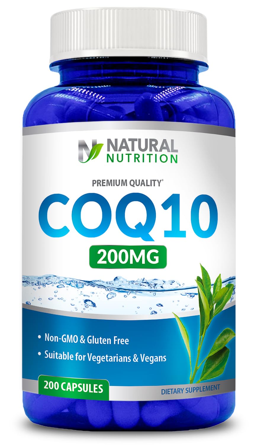 Generic Coq10 frasco frontal mostrando 200 cápsulas y beneficio conveniencia