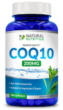 Generic Coq10 frasco frontal mostrando 200 cápsulas y beneficio conveniencia