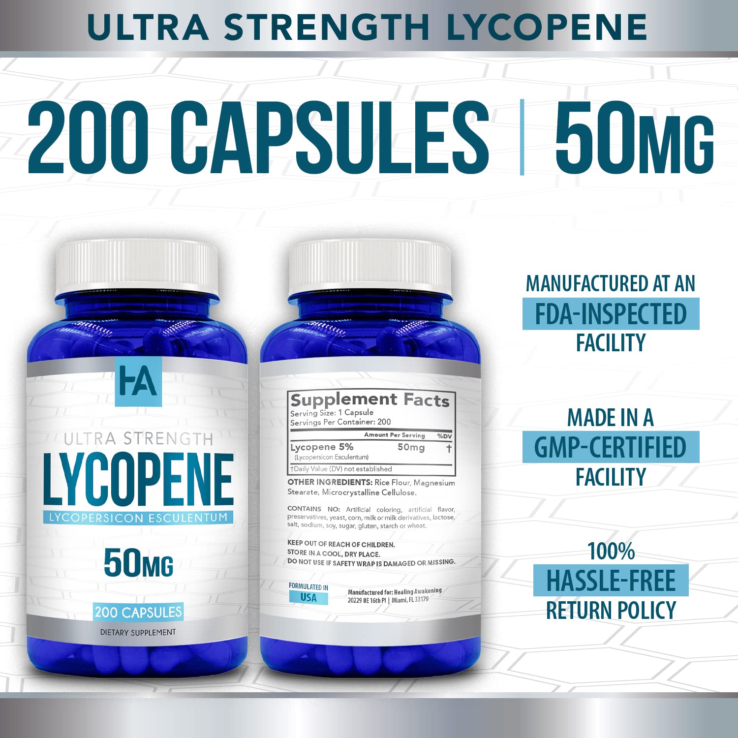 Generic etiqueta con información nutricional y garantías cGMP