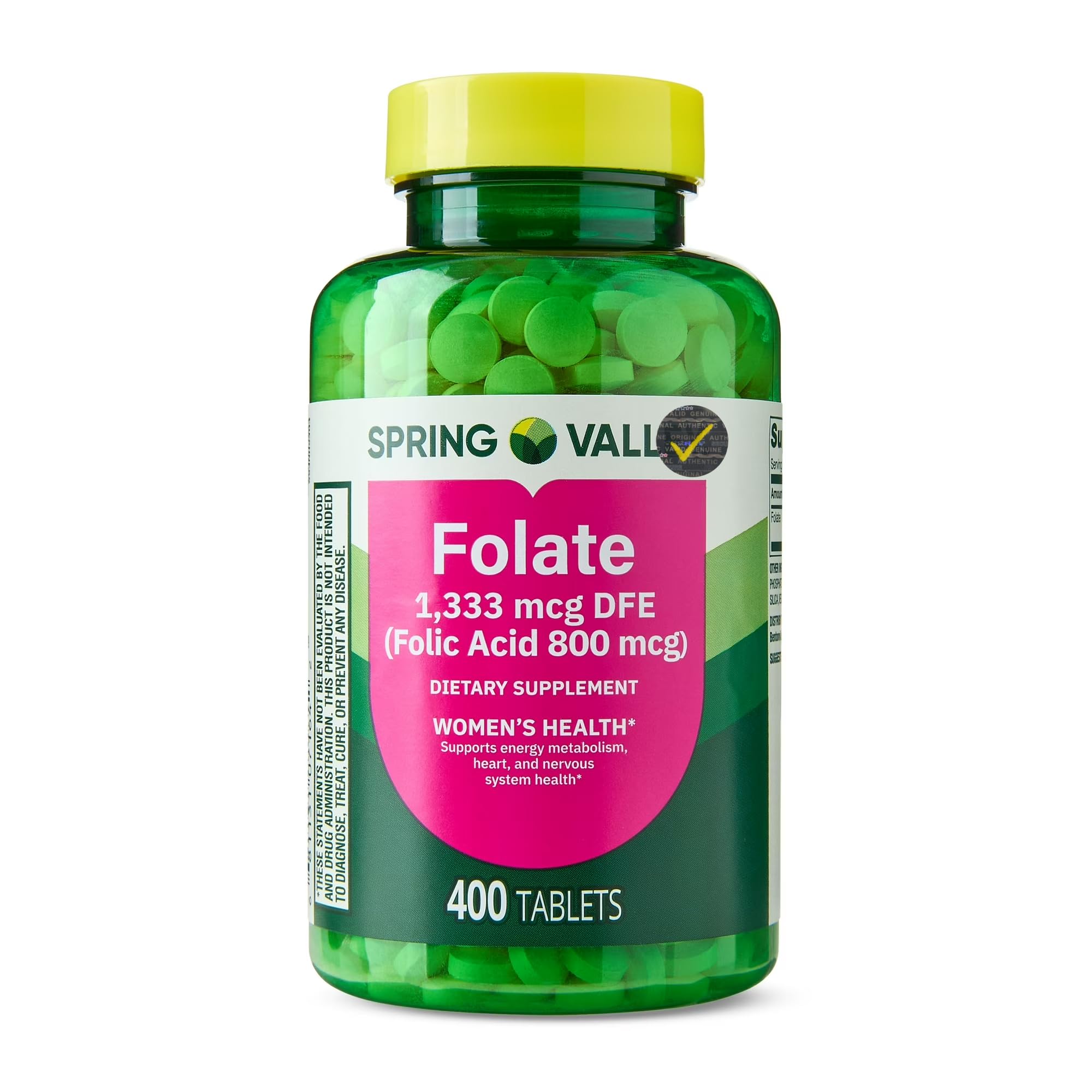 Generic frasco frontal de Folate 400 tabletas mostrando la etiqueta y duración
