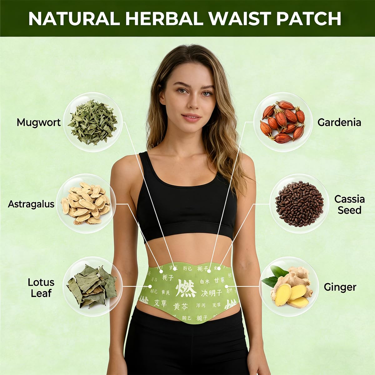 Generic parche herbal aplicado en cintura demostrando uso discreto