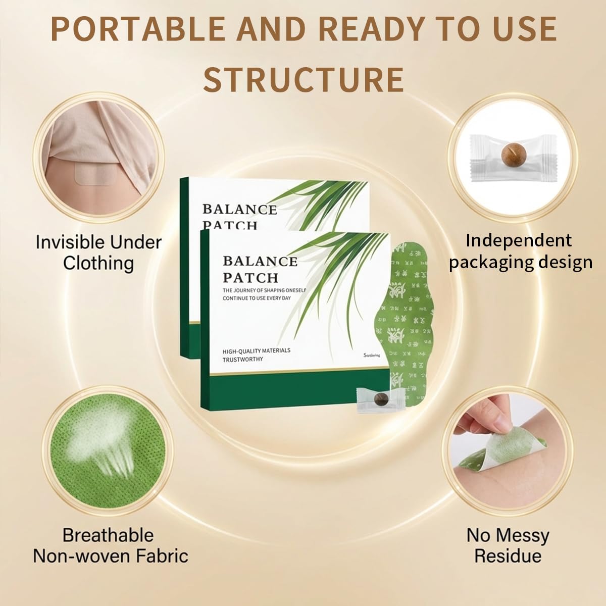 Generic parche herbal primer plano etiqueta con ingredientes vegetales claros