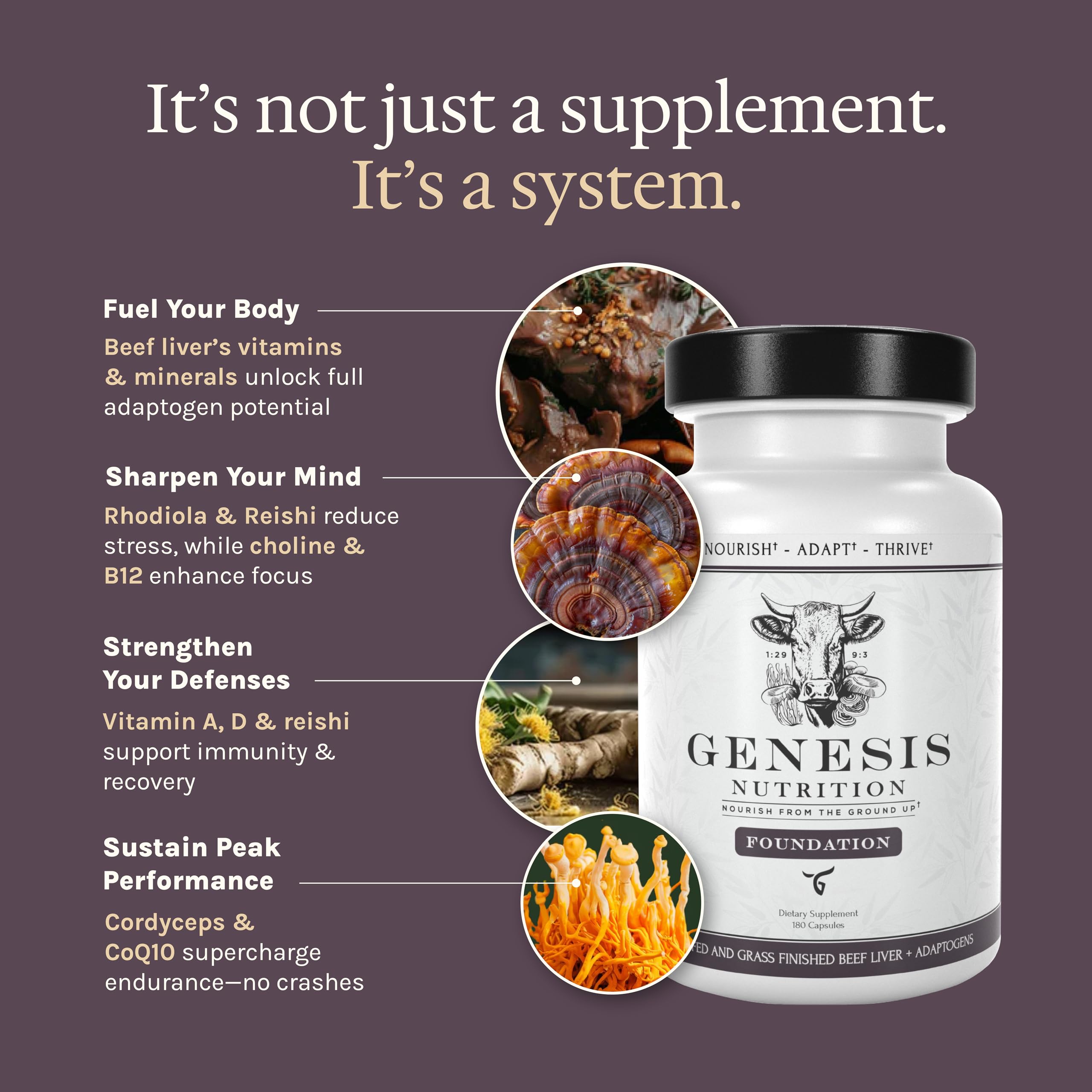 Genesis Nutrition etiqueta con lista de ingredientes y certificaciones visibles