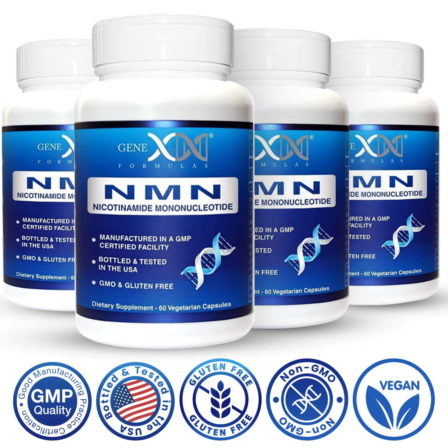 Genex Formulas pack de cuatro frascos mostrando suministro mensual prolongado