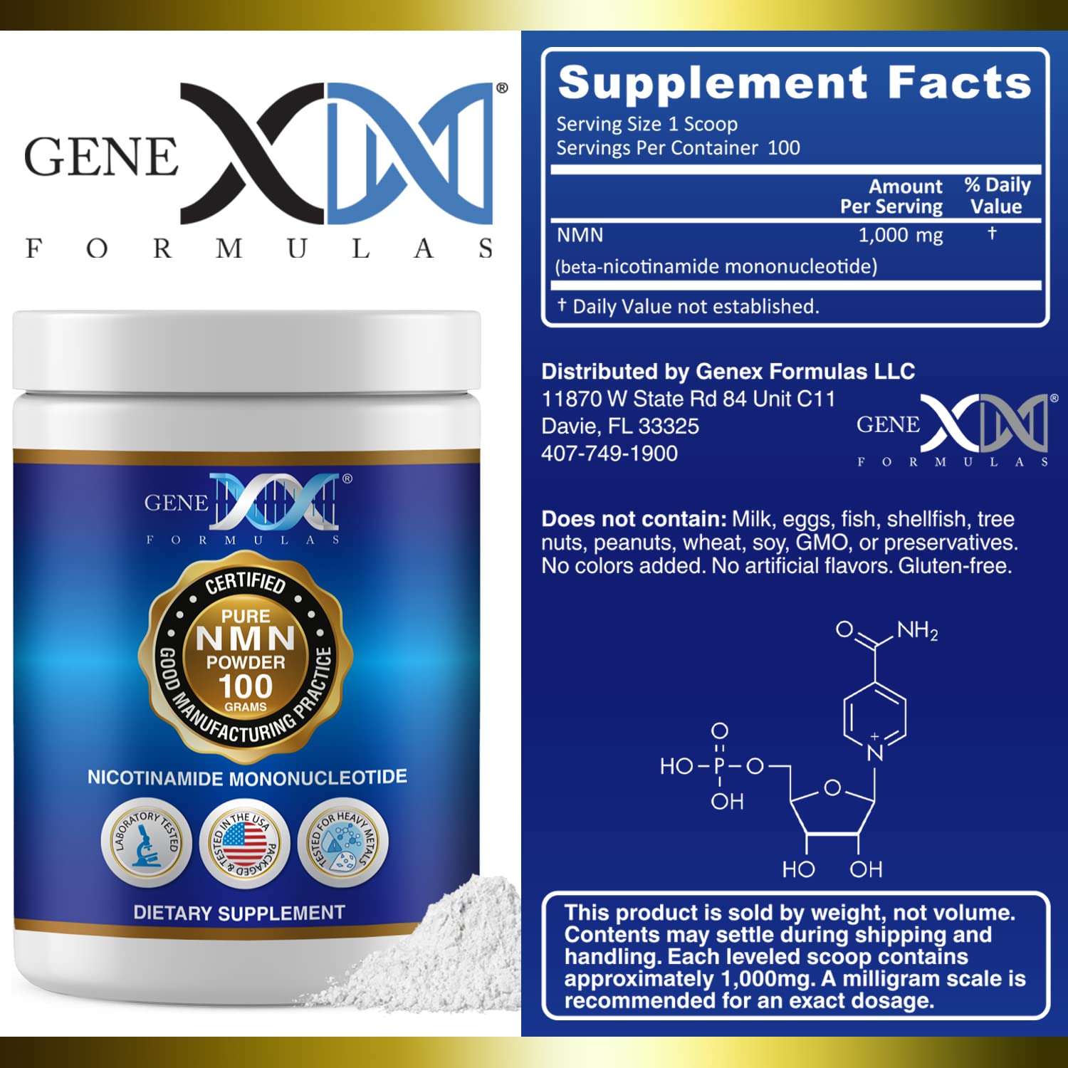 Genex Formulas etiqueta con certificaciones GMP NSF FSSC 22000 y detalles claros