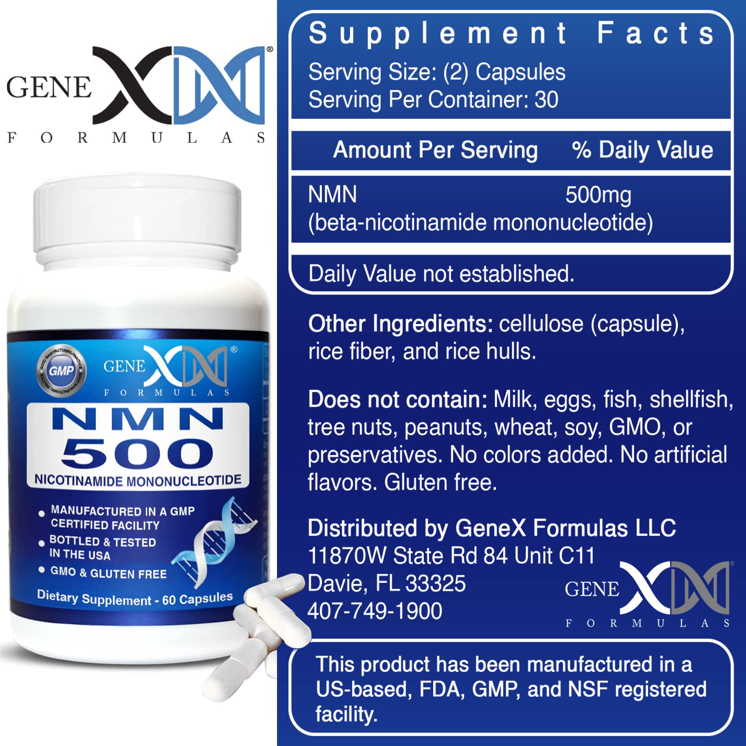Genex Formulas etiqueta lateral con información de dosis y certificaciones