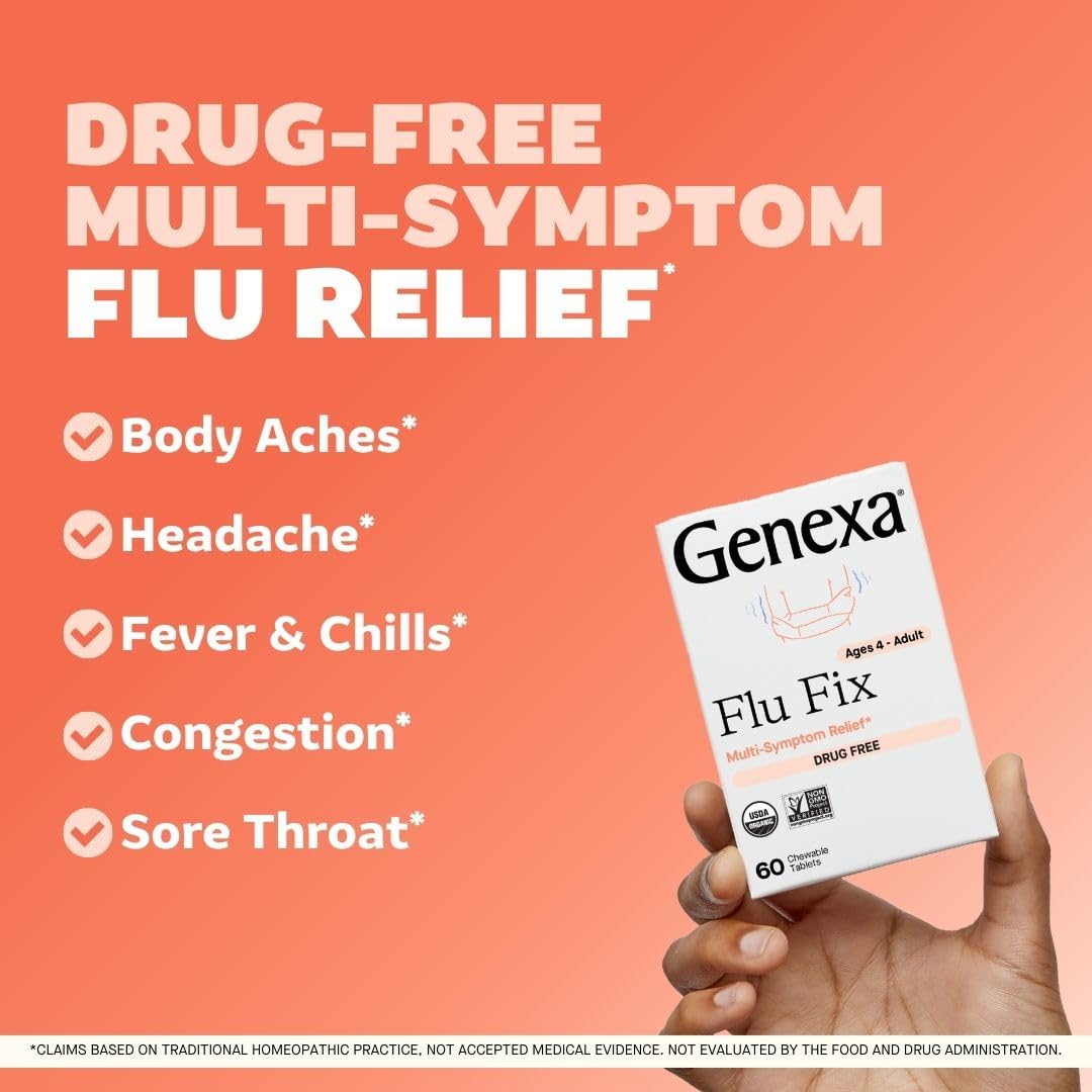 Genexa Flu Fix tabletas masticables apiladas, fácil administración para niños