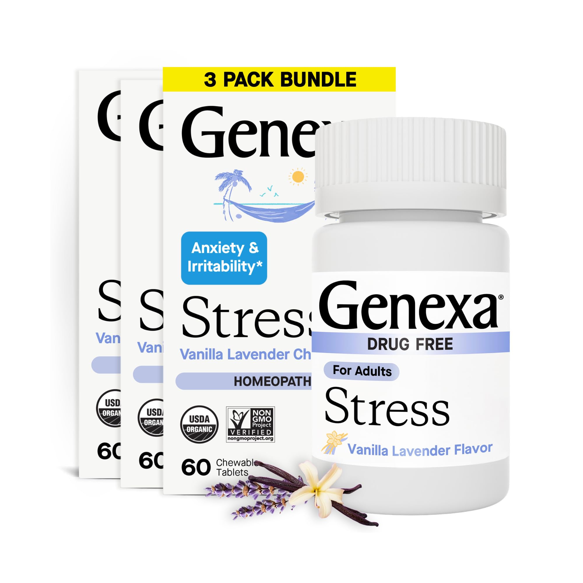 Genexa Stress frontal del envase mostrando pack de 3 frascos, beneficio práctica y seguro