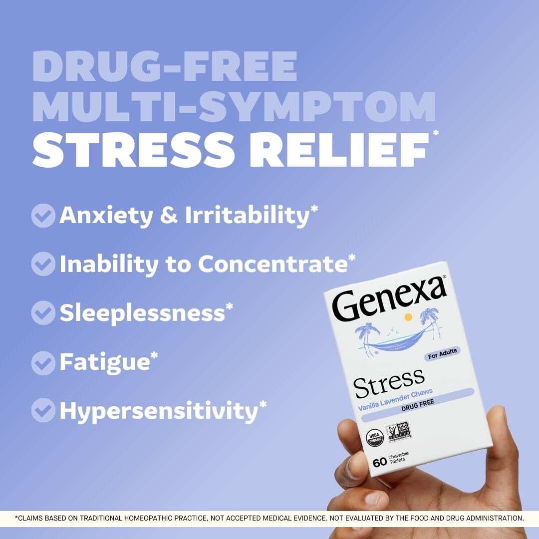 Detalle de una tableta masticable Genexa Stress que muestra su textura y fácil disolución