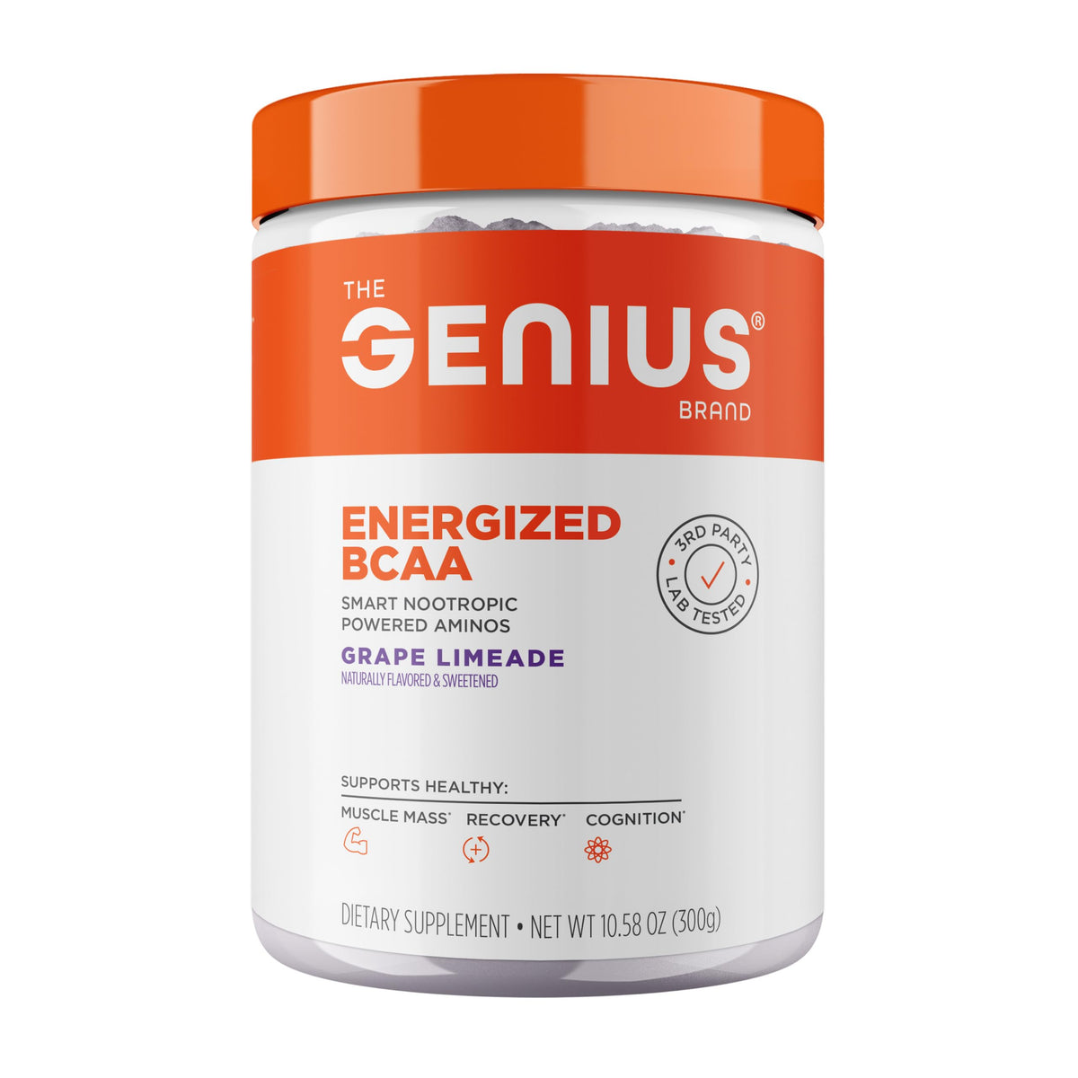 The Genius Brand paquete frontal mostrando sabor Grape Limeade y beneficios energéticos