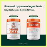 The Genius Brand envase con ingredientes alrededor, mostrando origen vegano y fermentado