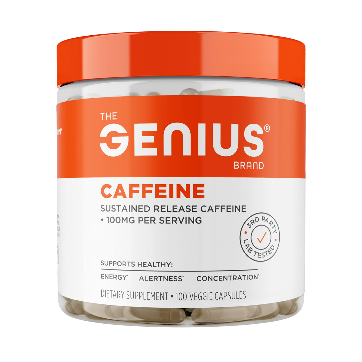 The Genius Brand envase frontal mostrando 100 cápsulas y beneficio energía sostenida