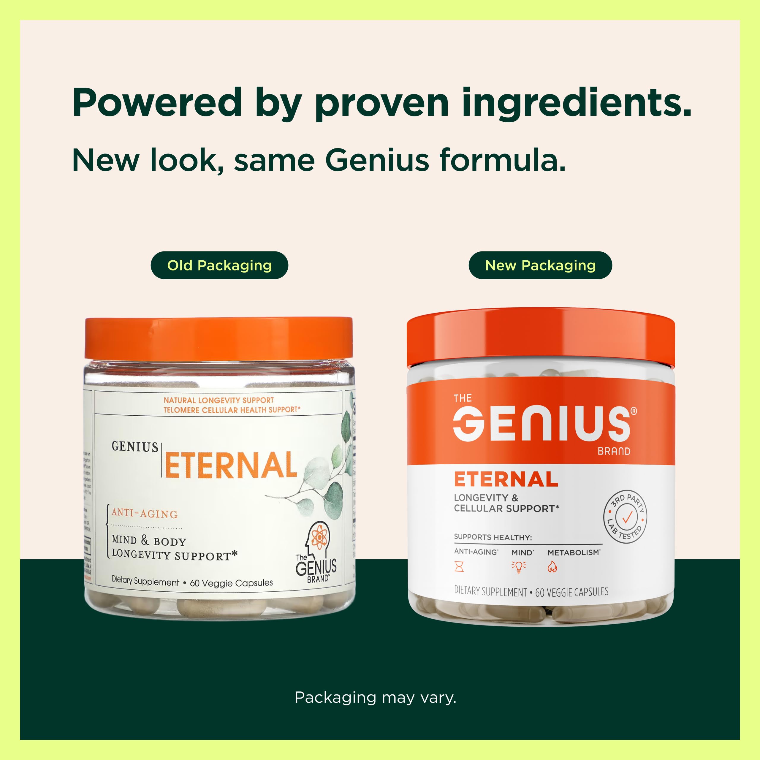The Genius Brand botella abierta mostrando 60 cápsulas para uso mensual