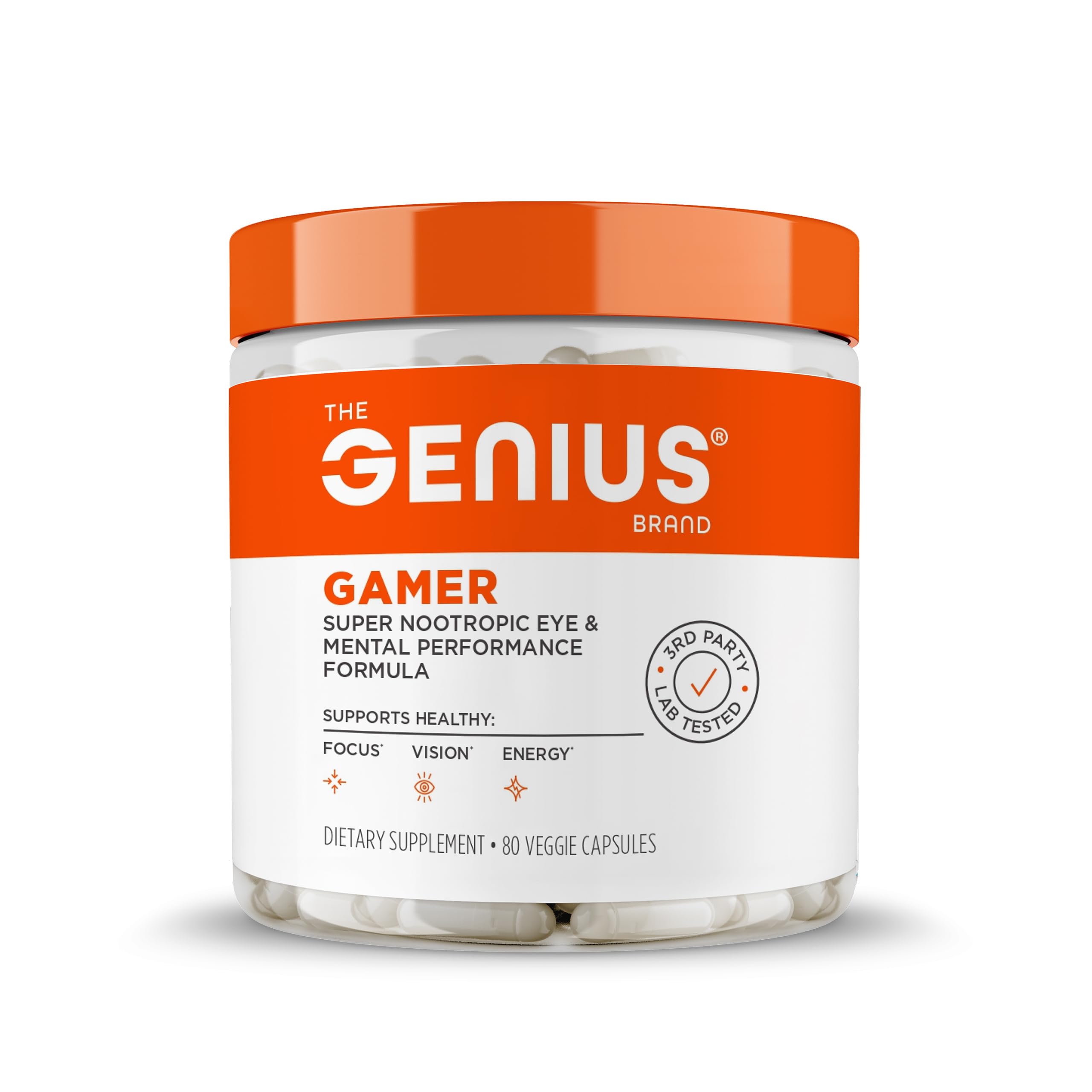 The Genius Brand frasco frontal mostrando 80 cápsulas para claridad mental