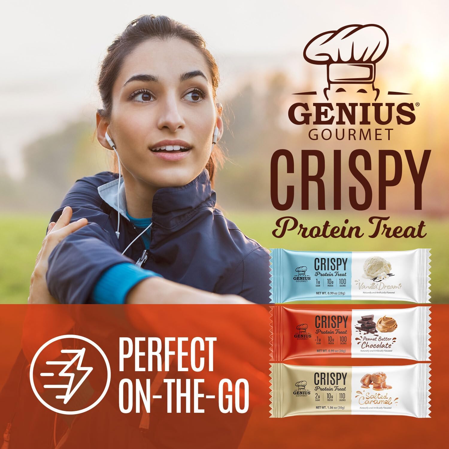 Genius Gourmet comparada con otros snacks en estantería resaltando menor azúcar
