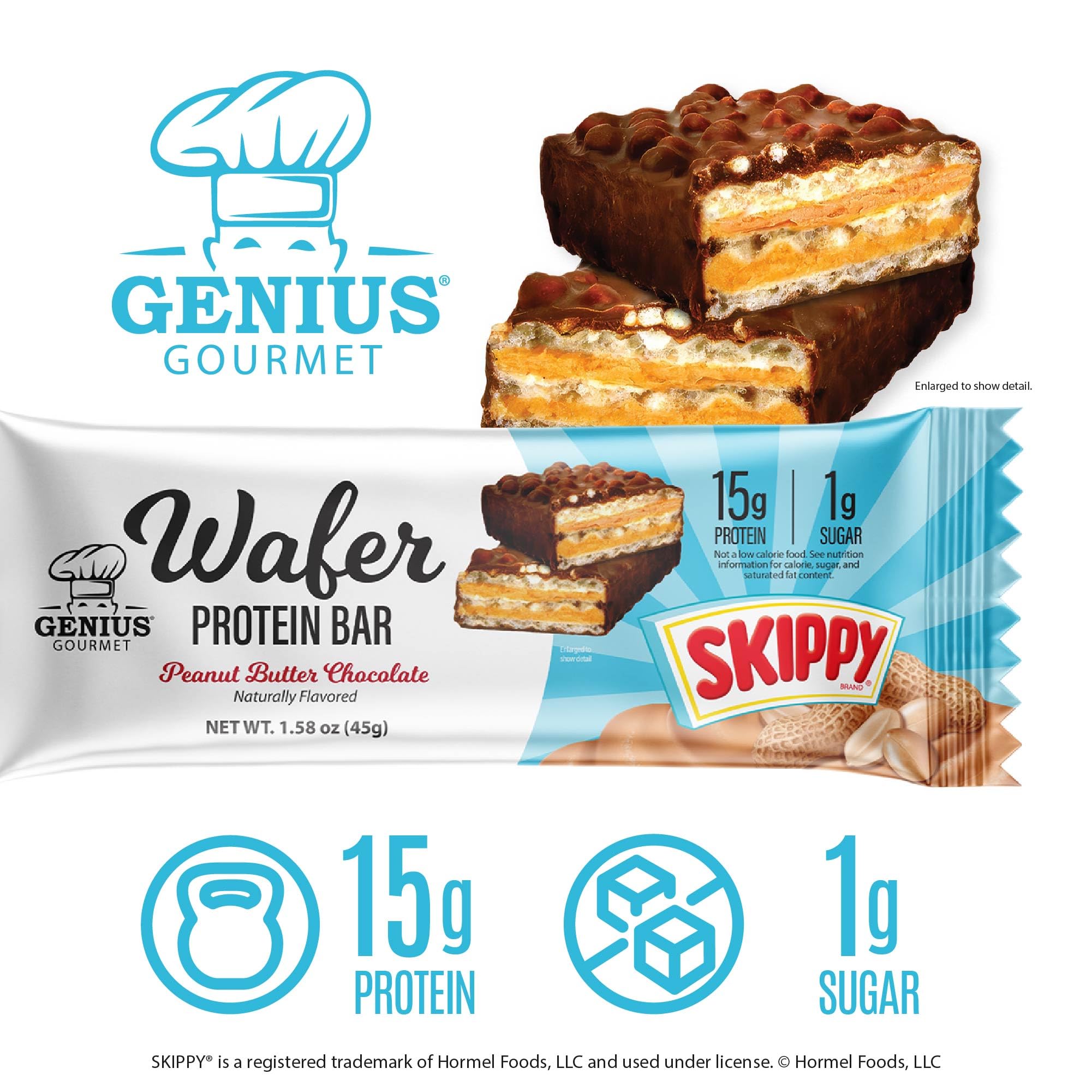 Genius Gourmet SKIPPY barrita cortada revela capas crujientes y proteína