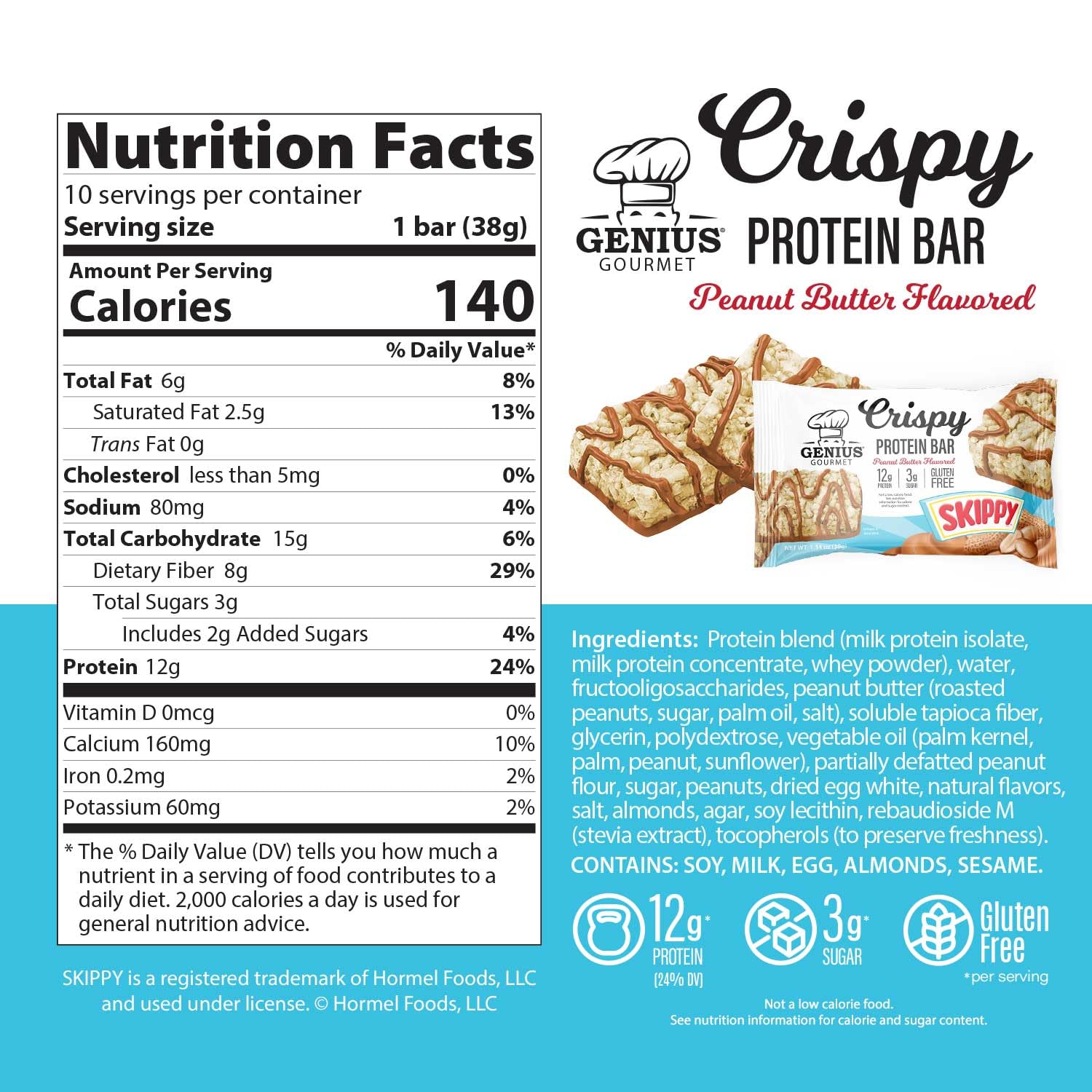 Genius Gourmet SKIPPY etiqueta nutricional revela proteínas y azúcares